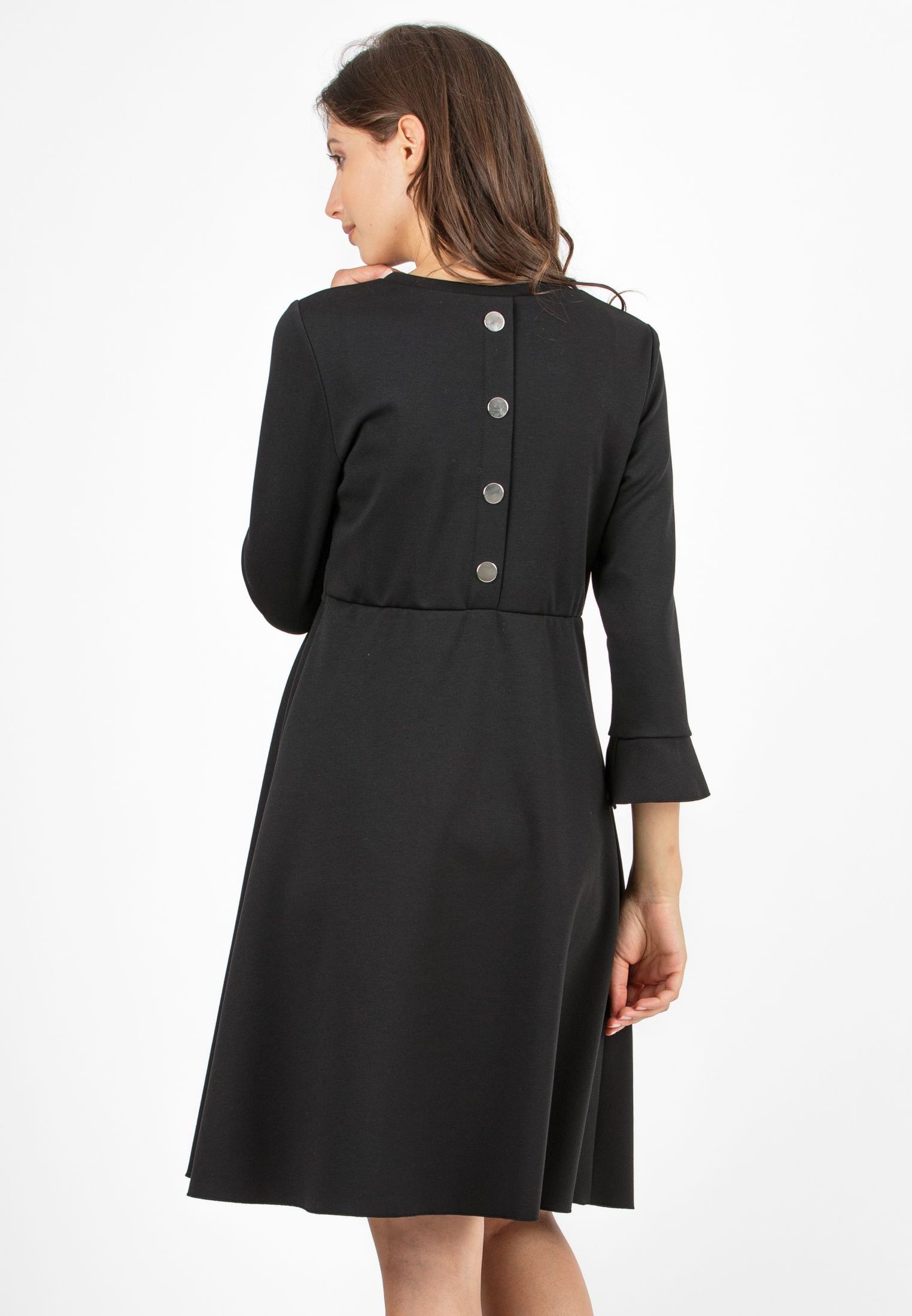 DAFNE – Flared Maternity & Nursing Dress with Back Button Detail (Black, XS)
