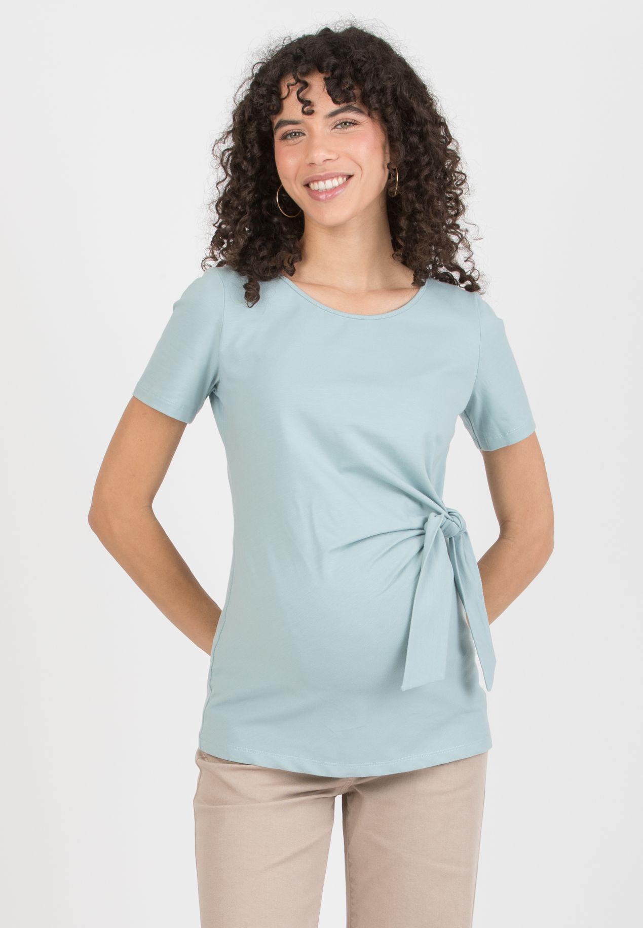 KAREN M - Maternity Cotton Jersey T-Shirt with Side Knot (Sage Green, XS)