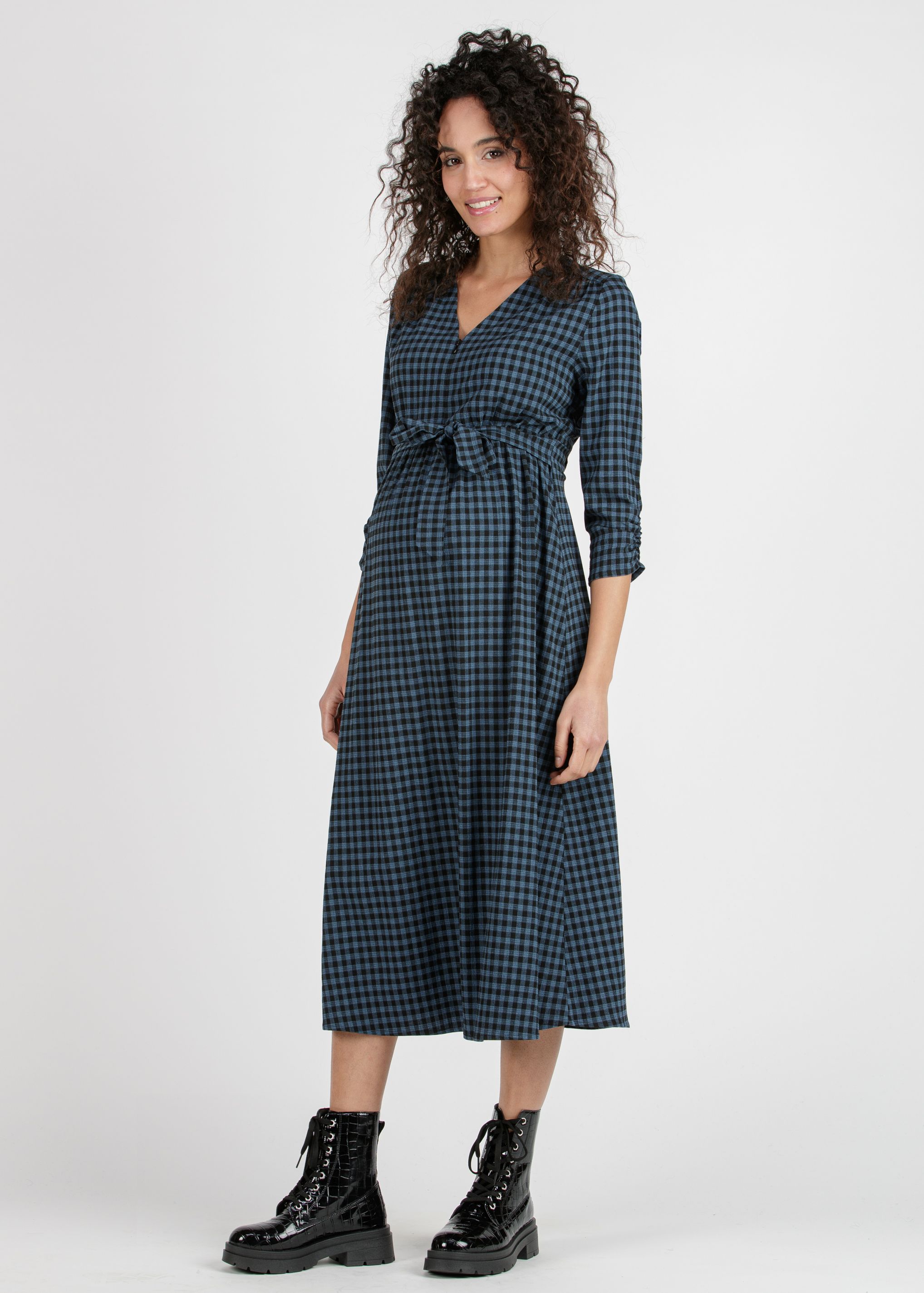 YLENIA - Gingham Midi Maternity & Nursing Dress (Air Force Blue, XS)
