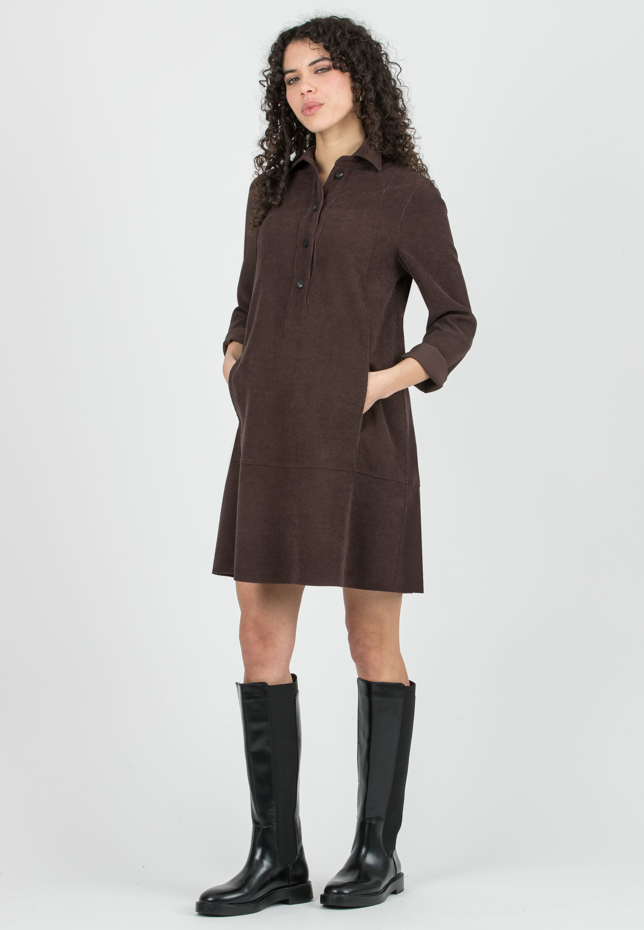 GRETA – Abito Camicia Premaman & Allattamento in Velluto (Marrone)