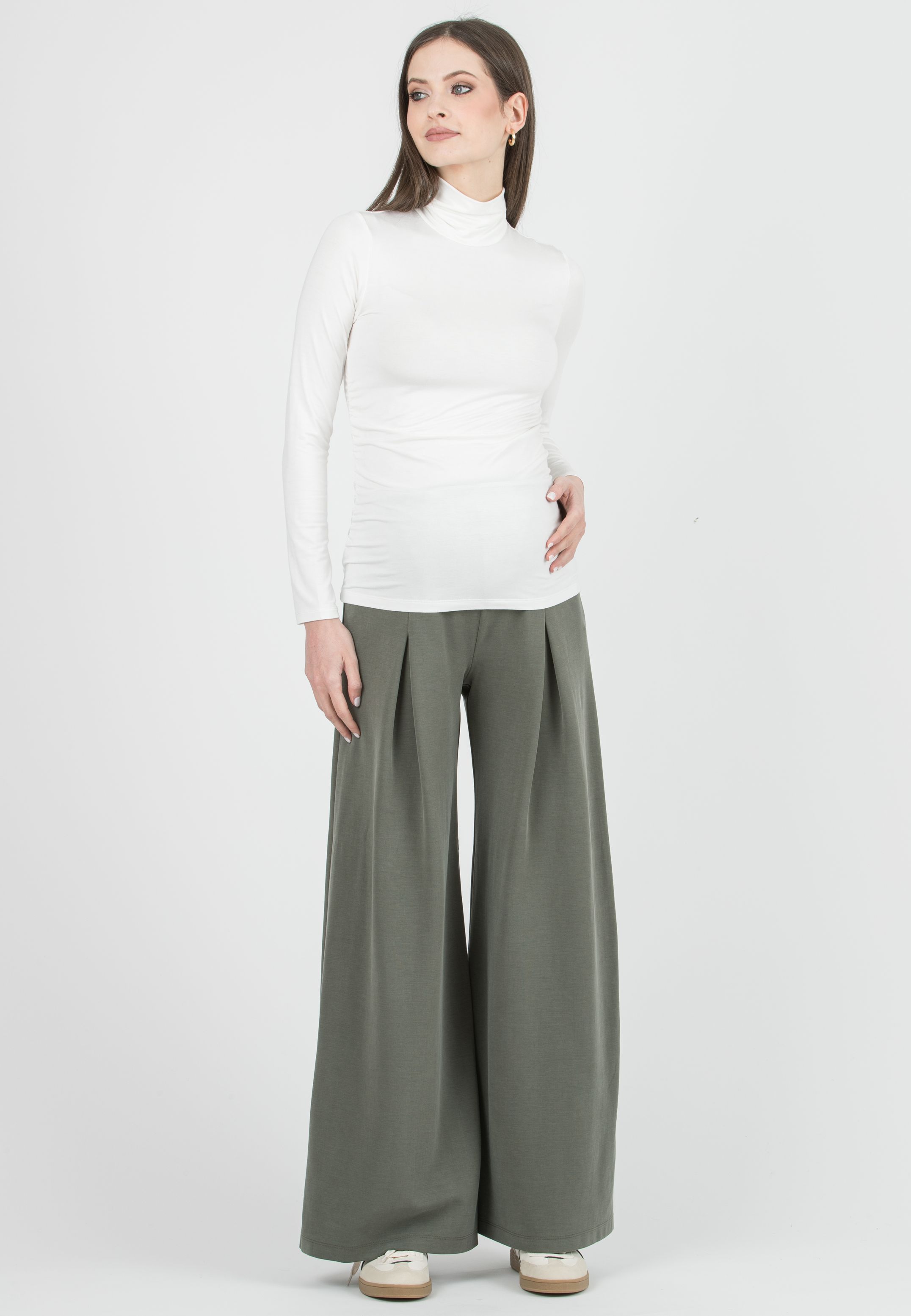 JAMIE - Pantaloni Premaman in Modal con Pieghe a Soffietto (Verde Militare, XS)