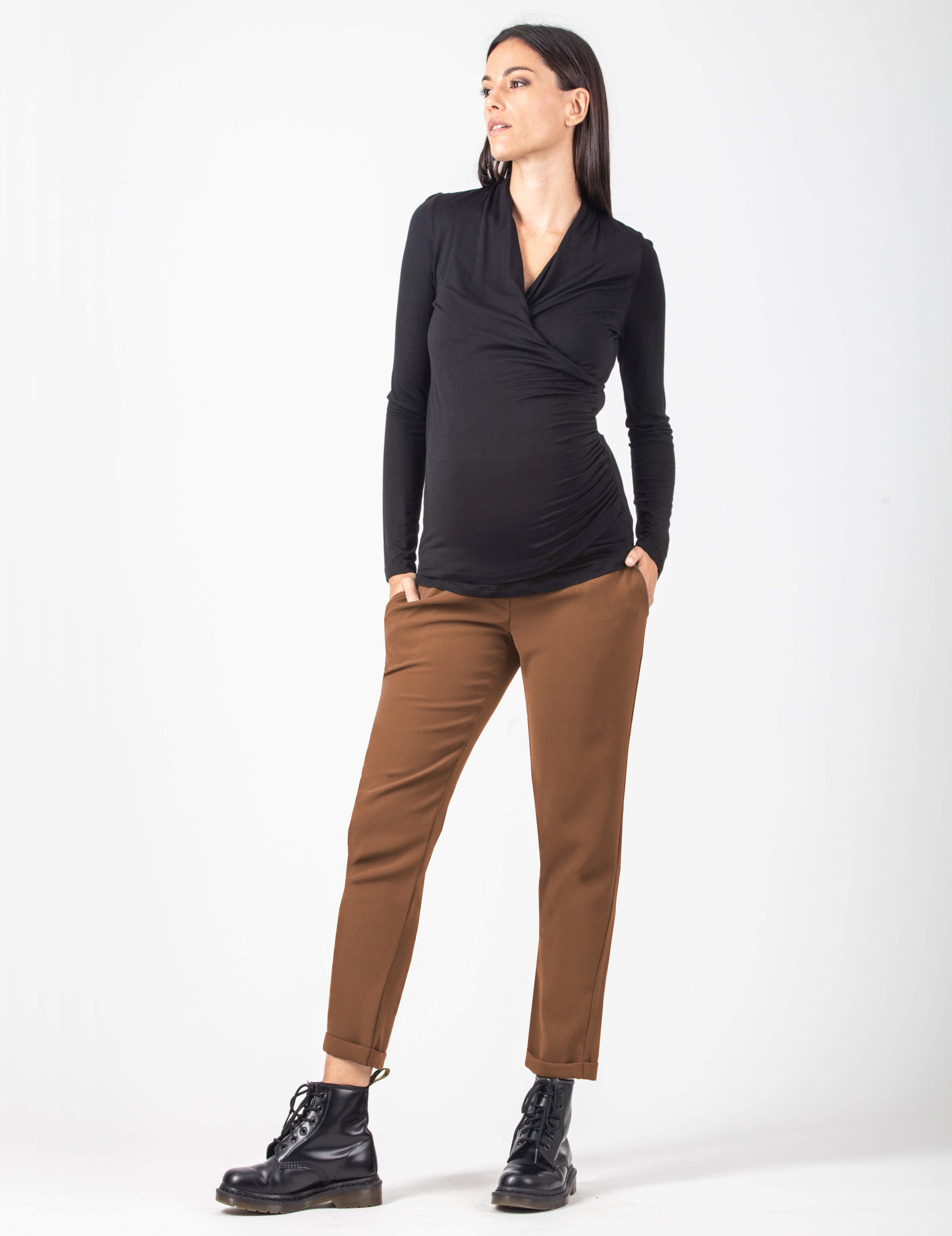 CAROLA - Pantalone Premaman Relax Fit In Gabardina (Tabacco, XS)