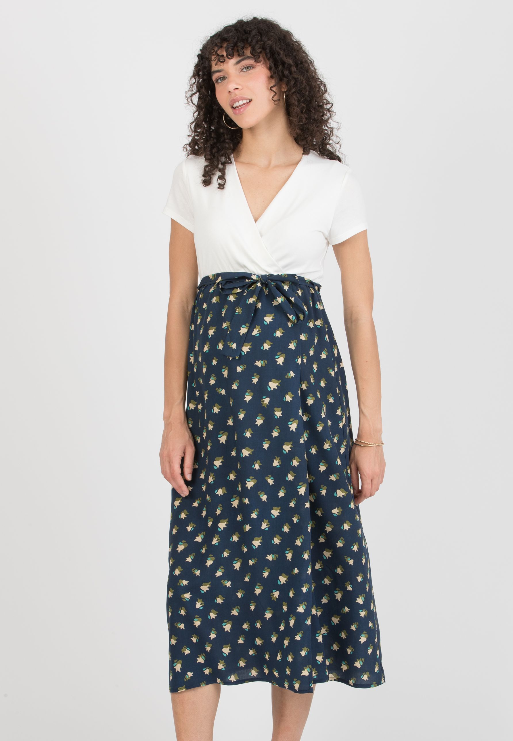 FEDERICA - Maternity Midi Dress with Crossed Neckline and Viscose Wrapped Skirt (Blu)