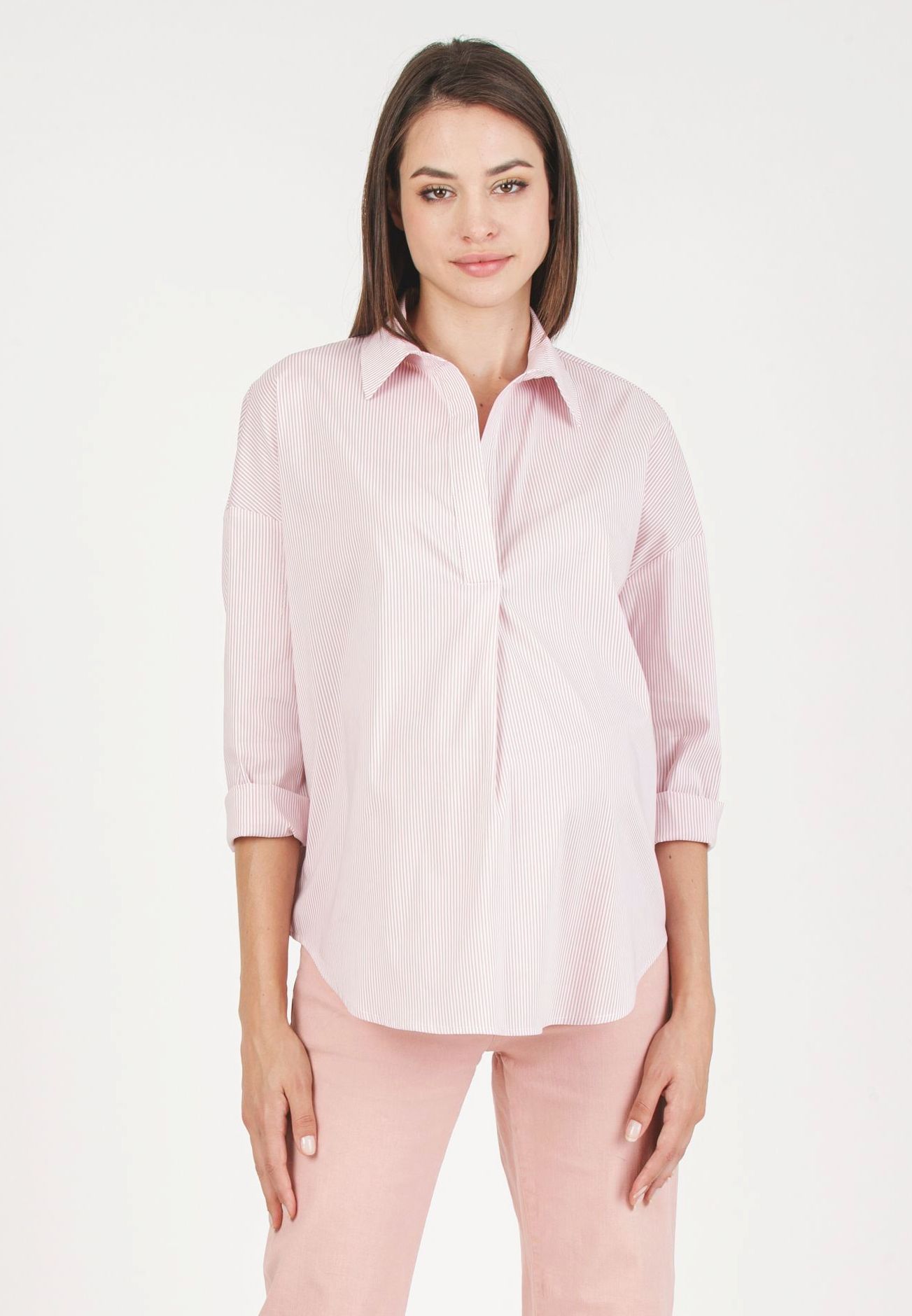 OLIVIA R - Striped Oversized Maternity Shirt in Stretch Cotton Poplin (Pink, XS)