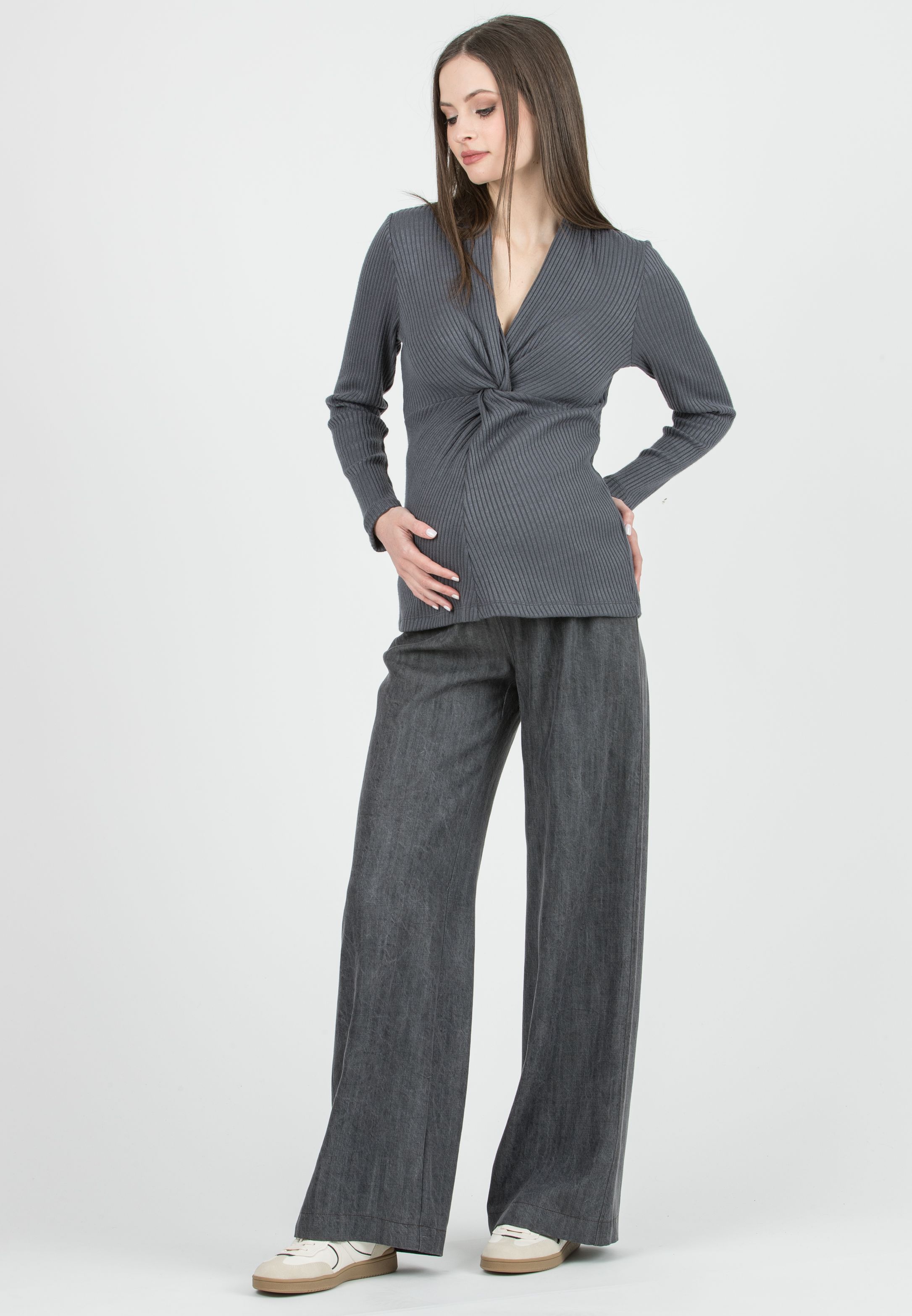 GUENDALINA J - Jeans Premaman a Palazzo con Vita Bassa In Lyocell Denim (Grigio Melange, XS)