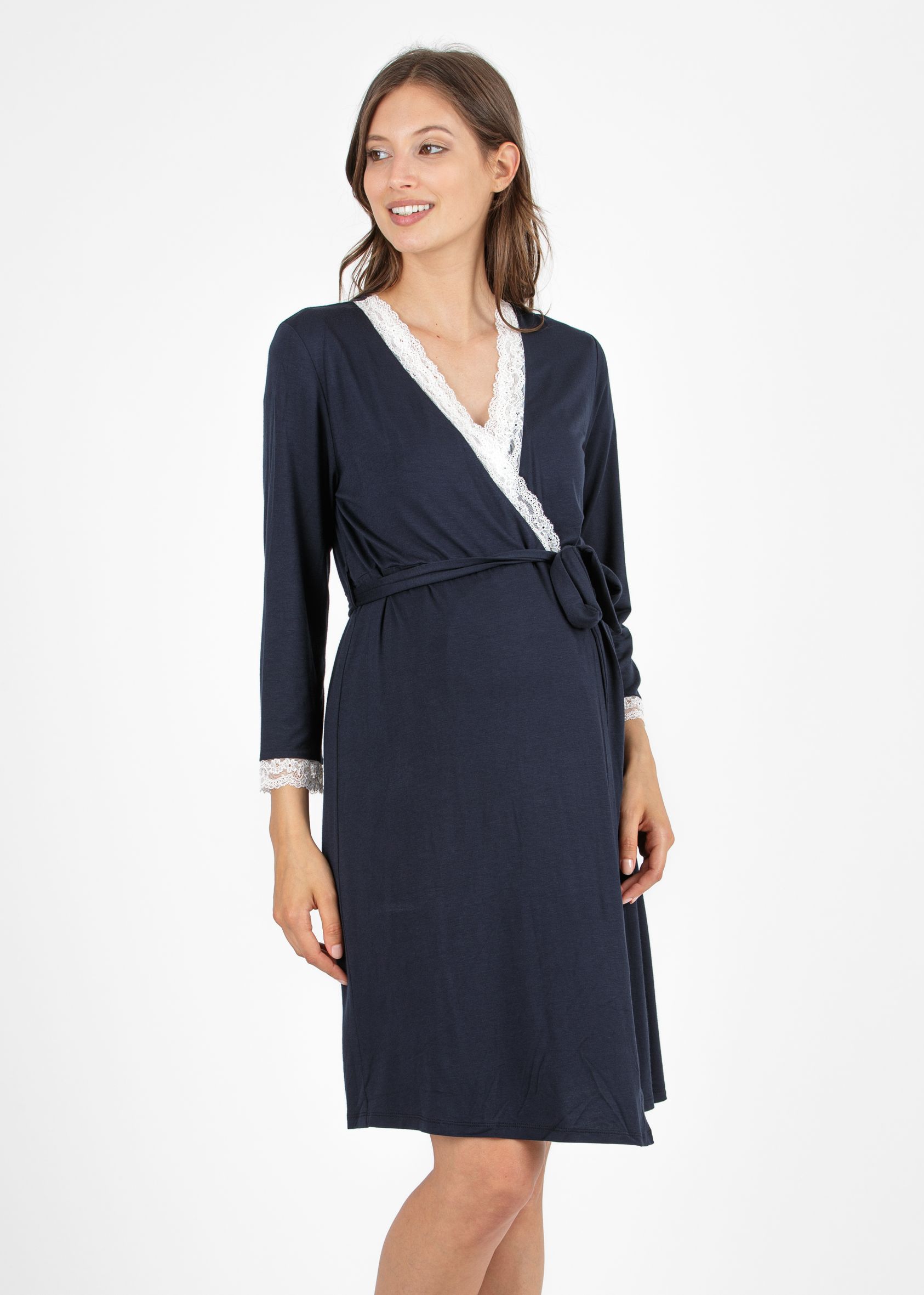 Maternity & Nursing Dressing Gown with Lace Details (Dark Blue, L)
