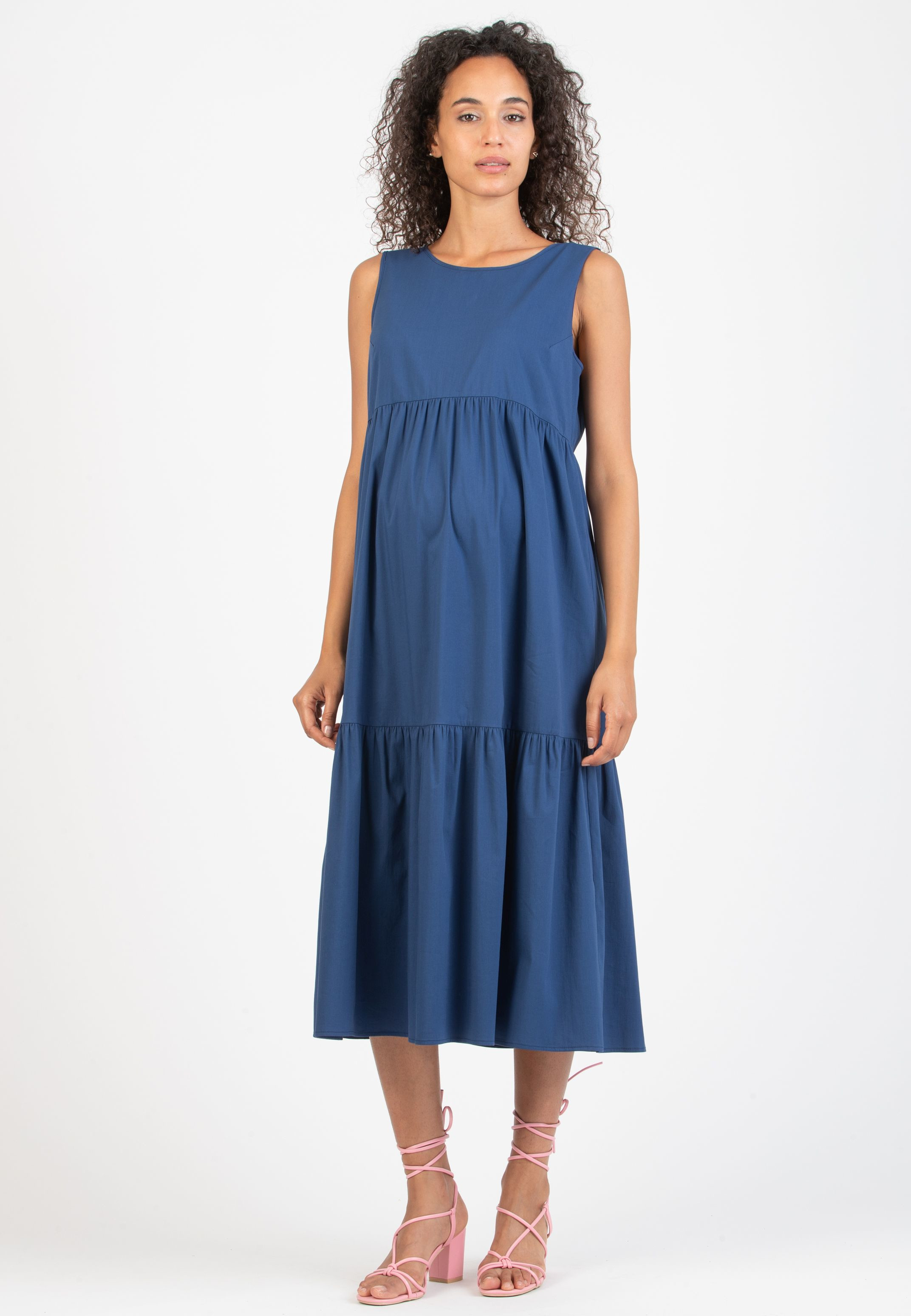 Abito Midi Premaman a Balze con Chiusura a Laccetti (Blu, XS)