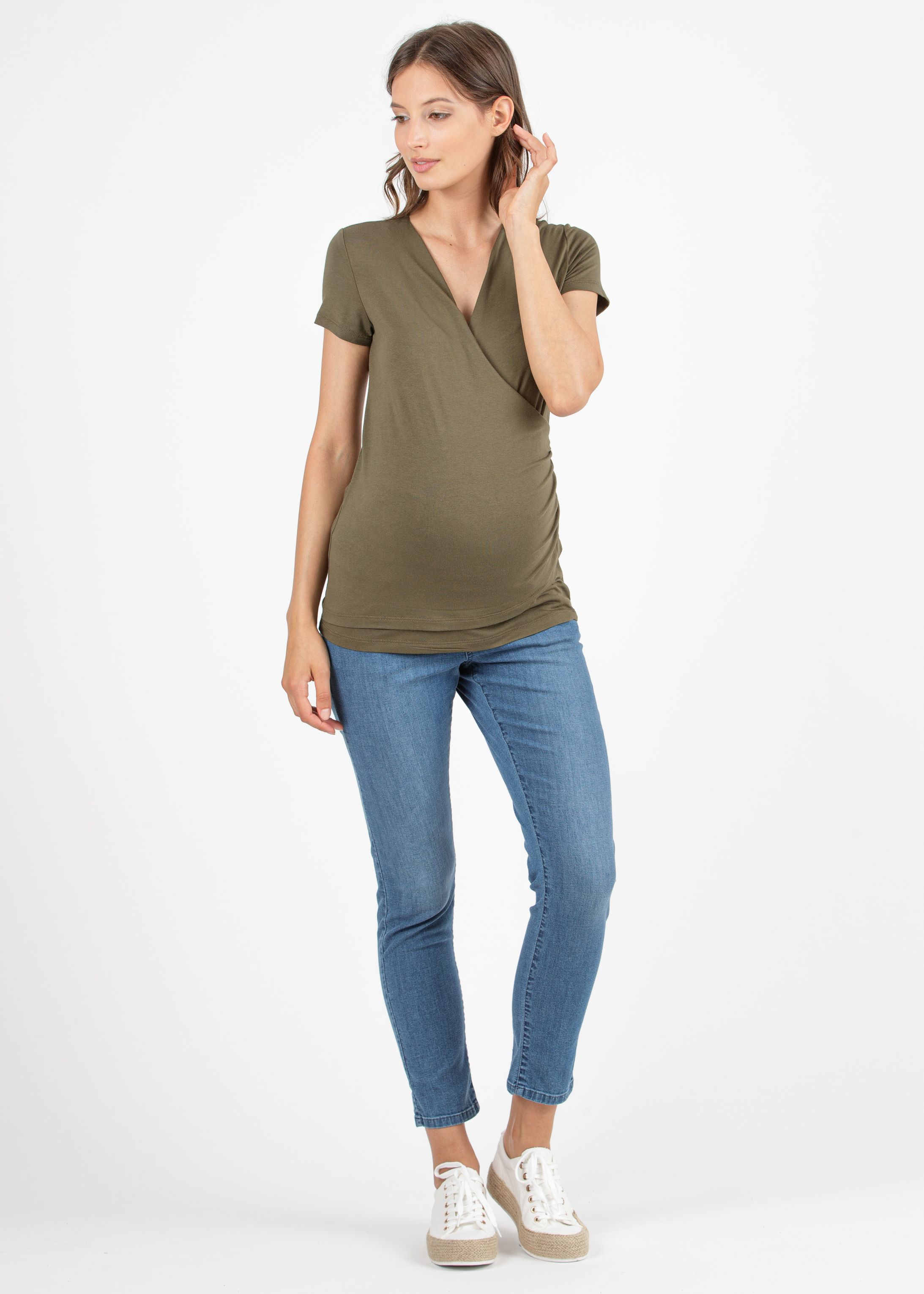CRYSTAL - Maglietta Premaman & Allattamento Incrociata (Verde Militare, XS)
