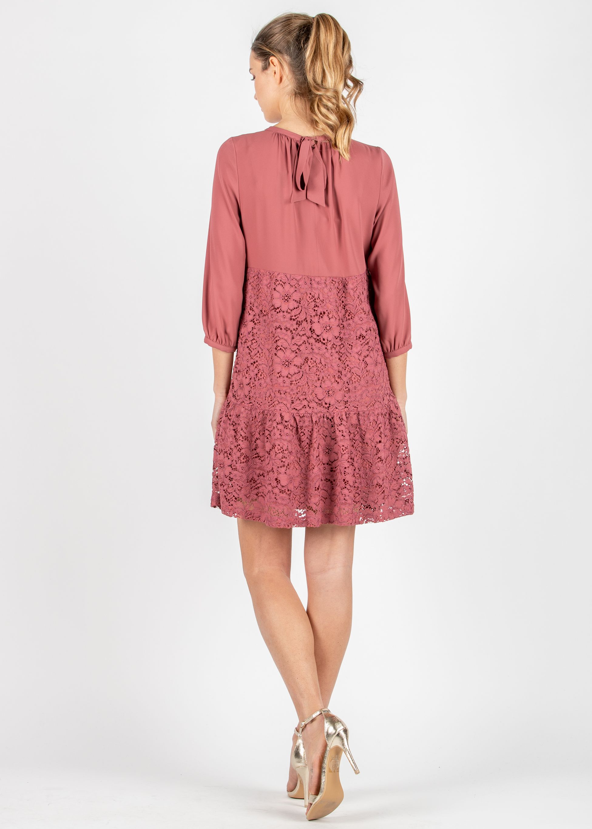 Abito Premaman Svasato in Chiffon e Pizzo con Balza (Cipolla, XS)