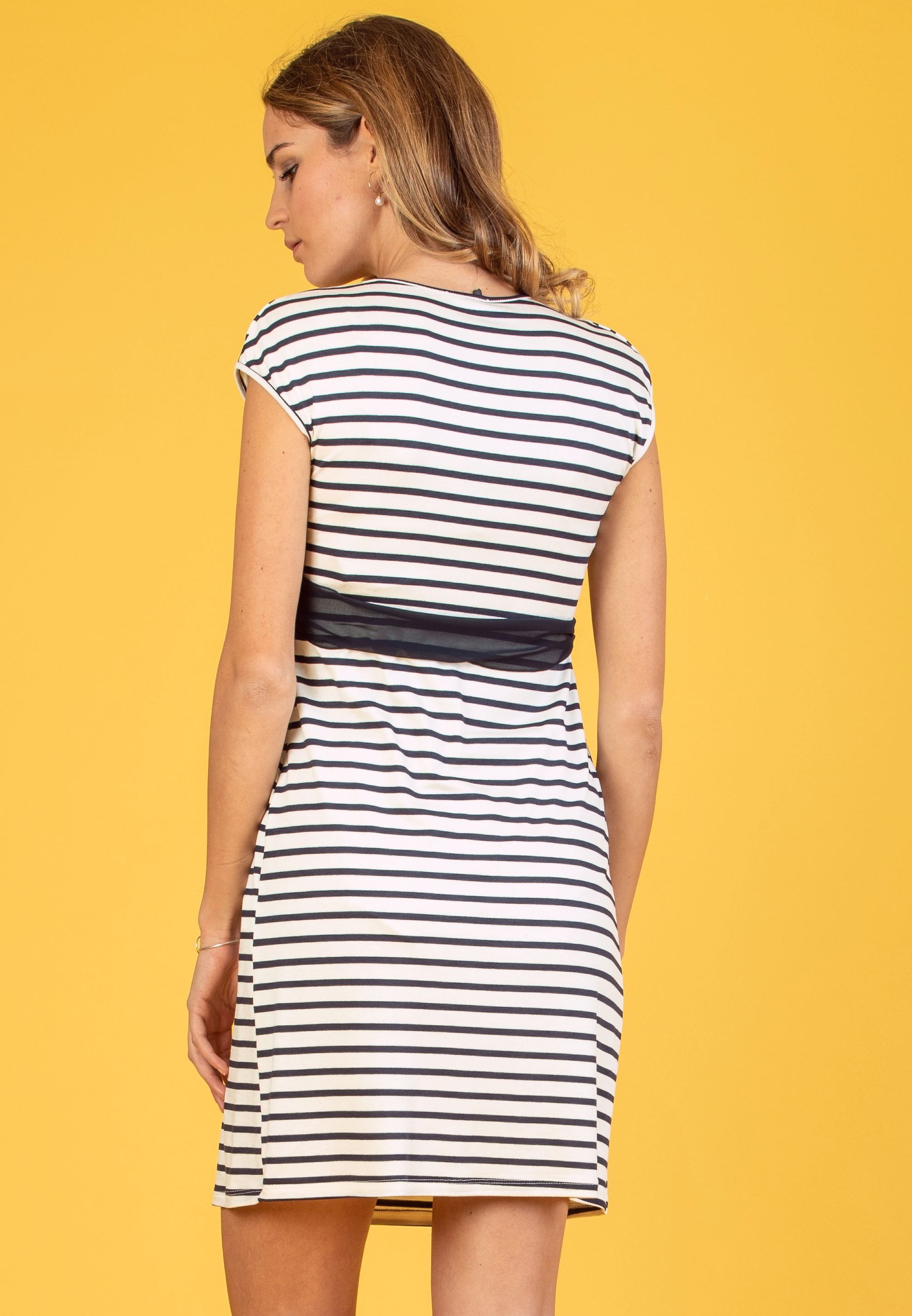 Abito Premaman & Allattamento Incrociato a Righe con Cintura in Chiffon (Blu, XS)