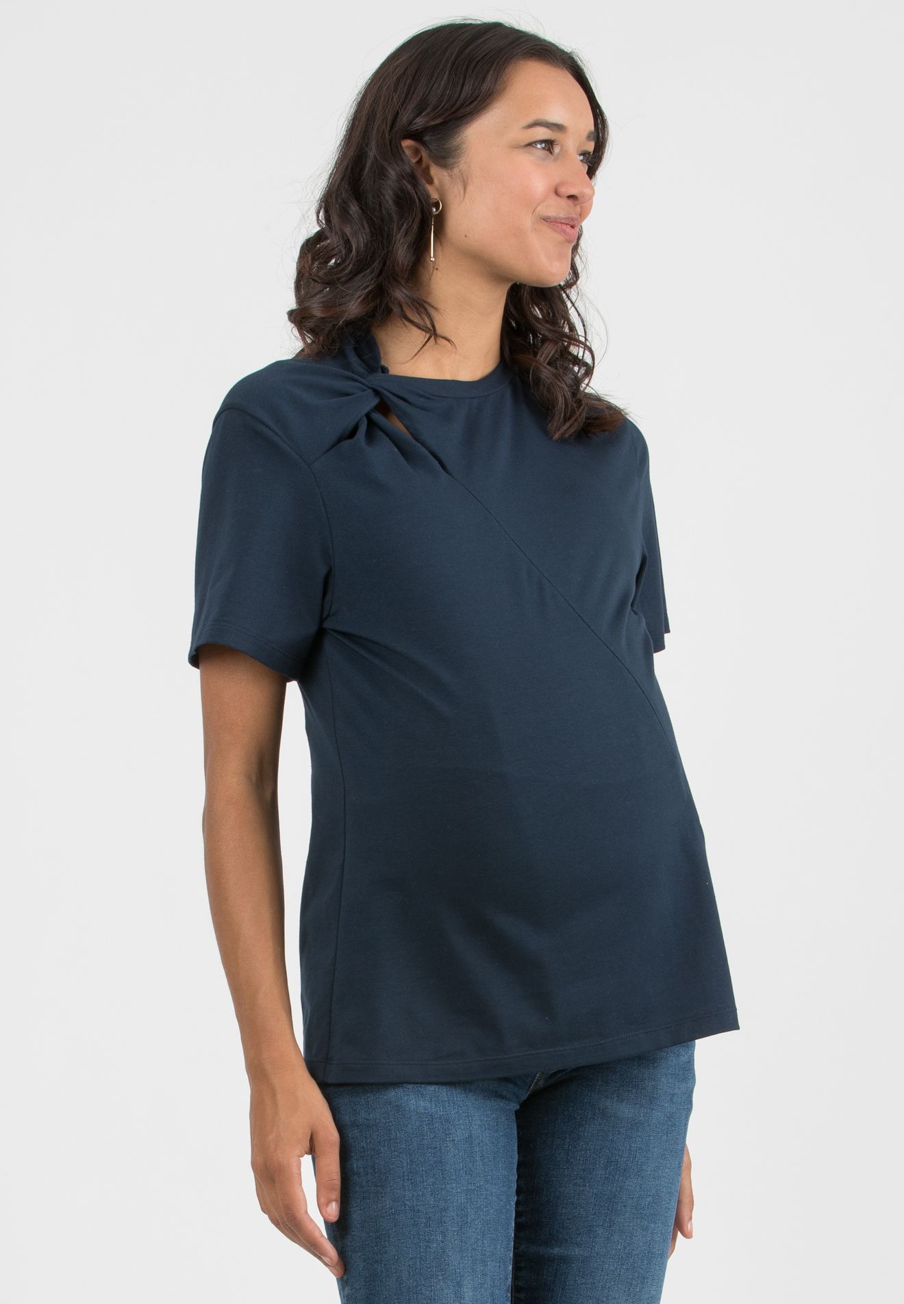 LINDSAY - T-Shirt Premaman e Allattamento in Jersey di Cotone con Nodo Laterale e Zip (Blu, XS)