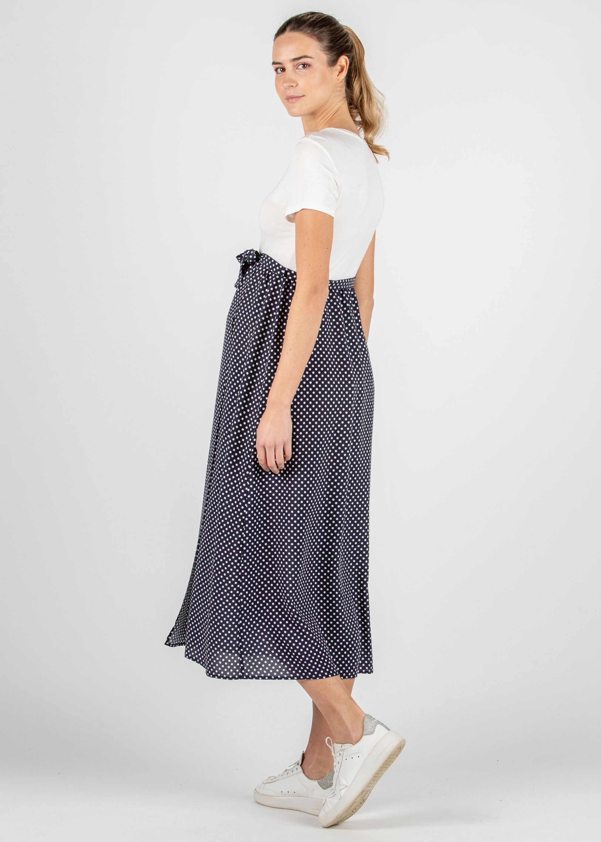 Abito Midi Premaman con Gonna a Pois a Portafoglio (Blu)