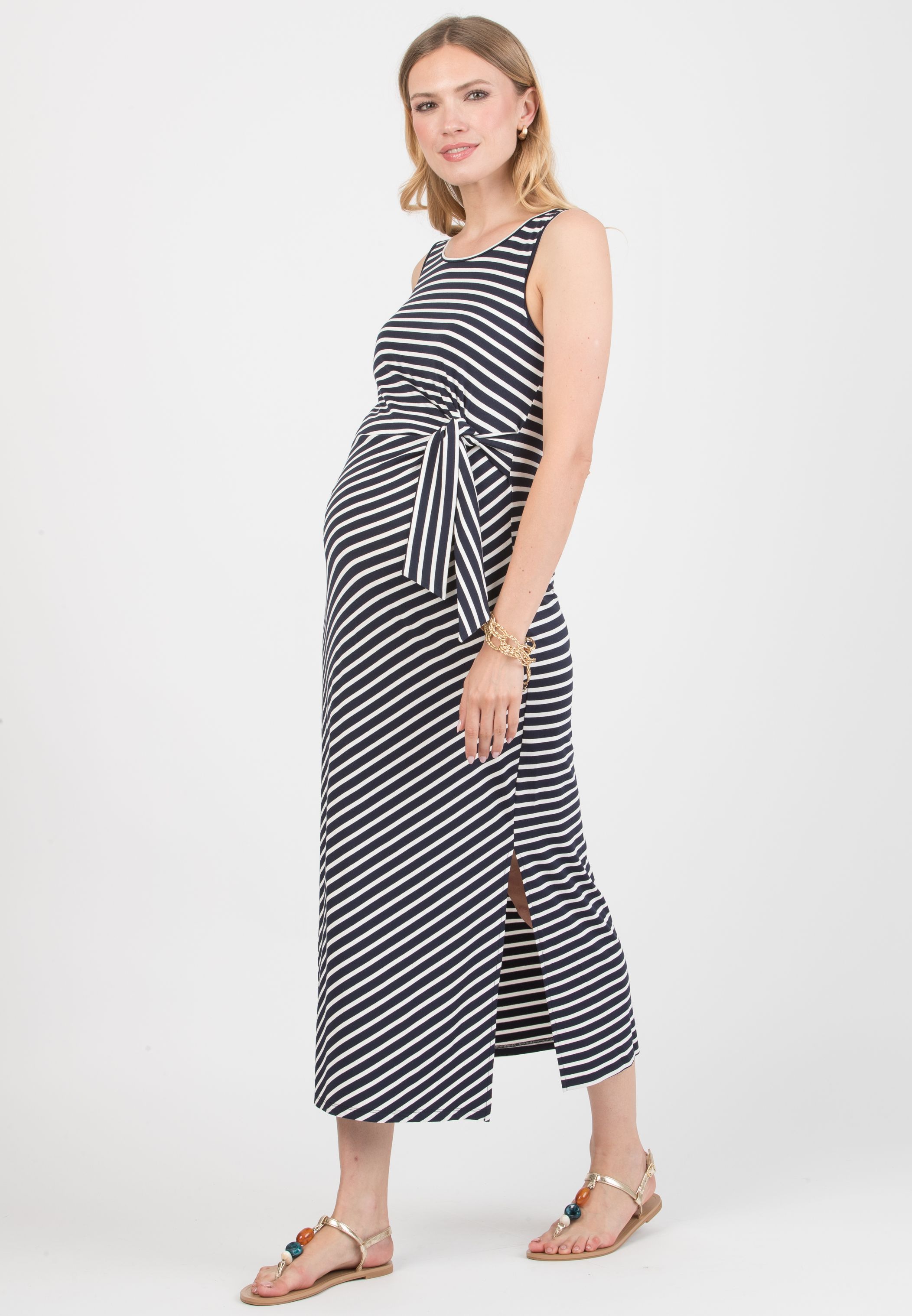 KAREN R - Abito Premaman a Righe con Nodo Laterale (Blu Scuro, XS)