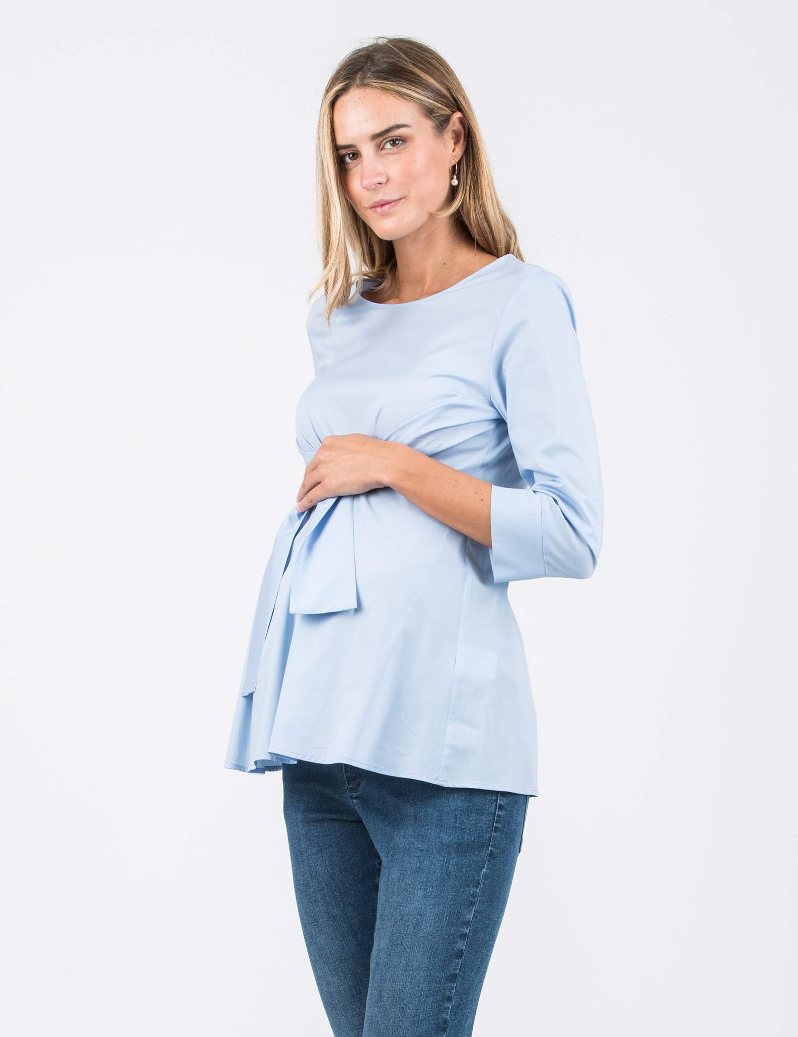 MATILDE - Poplin Maternity Blouse with Front Bow (Blue, XS)
