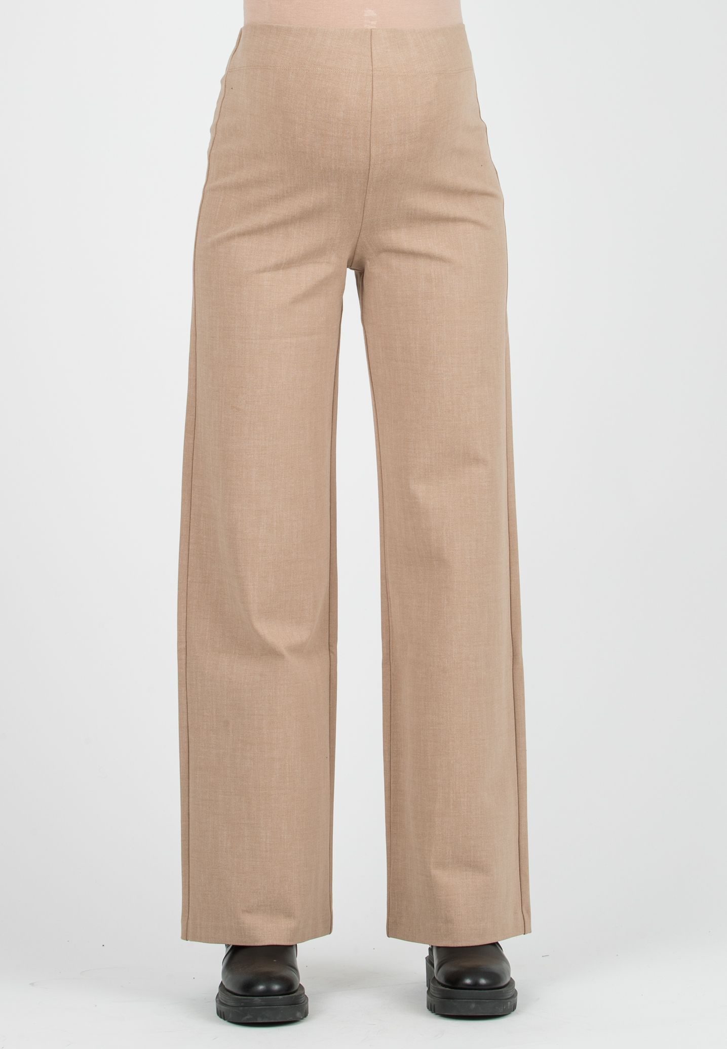 KIMBERLY T – Pantalone Premaman Palazzo in Punto Milano di Viscosa Effetto Trama (Cammello, XS)
