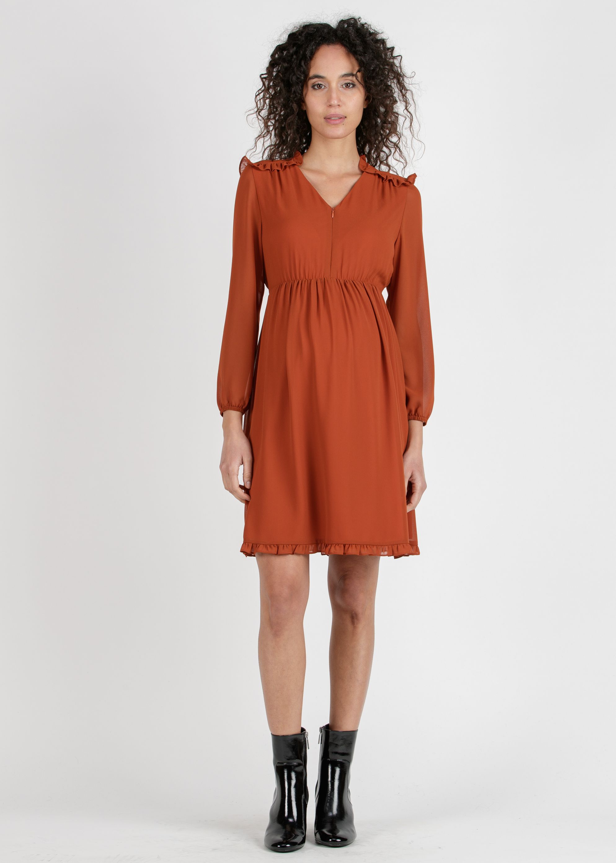 MINDY - Abito Premaman & Allattamento in Chiffon con Spalle Decorate (Coccio, XS)