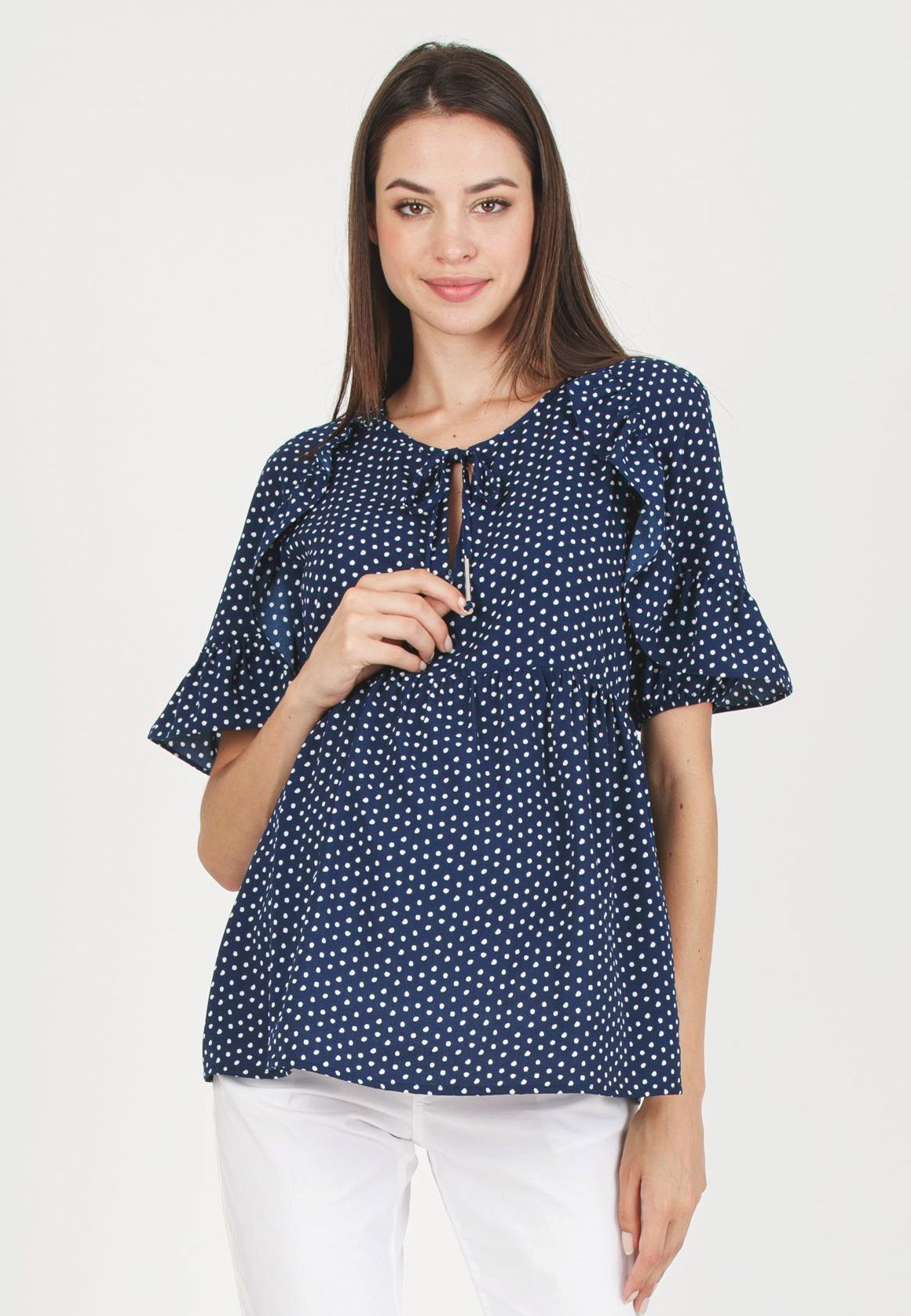 TINA M - Casacca premaman & Allattamento a Pois con Volant (Blu)