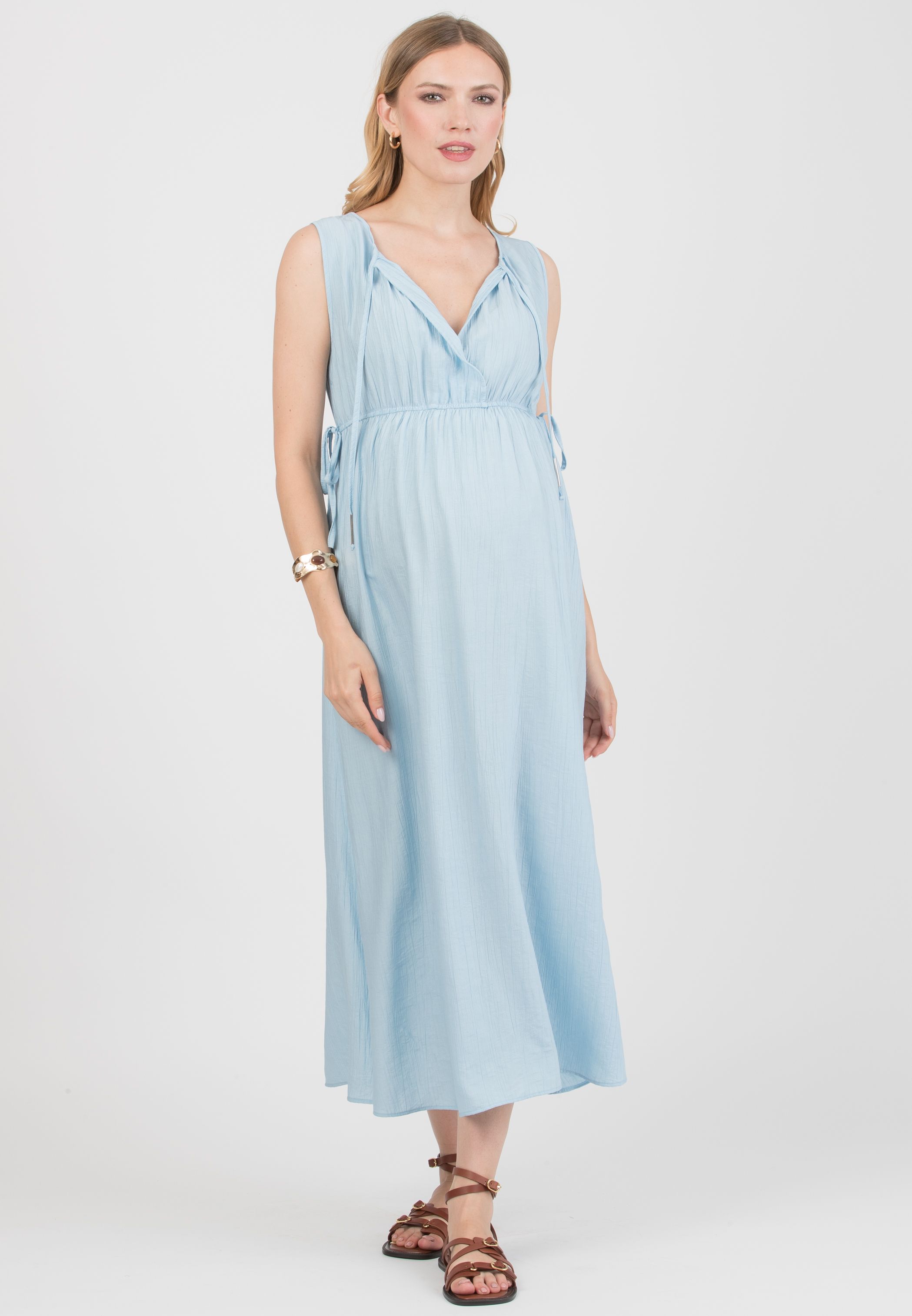 DEVA – Maternity & Nursing Dress in Viscose Crepe with Crossover Neckline (Azzurro)