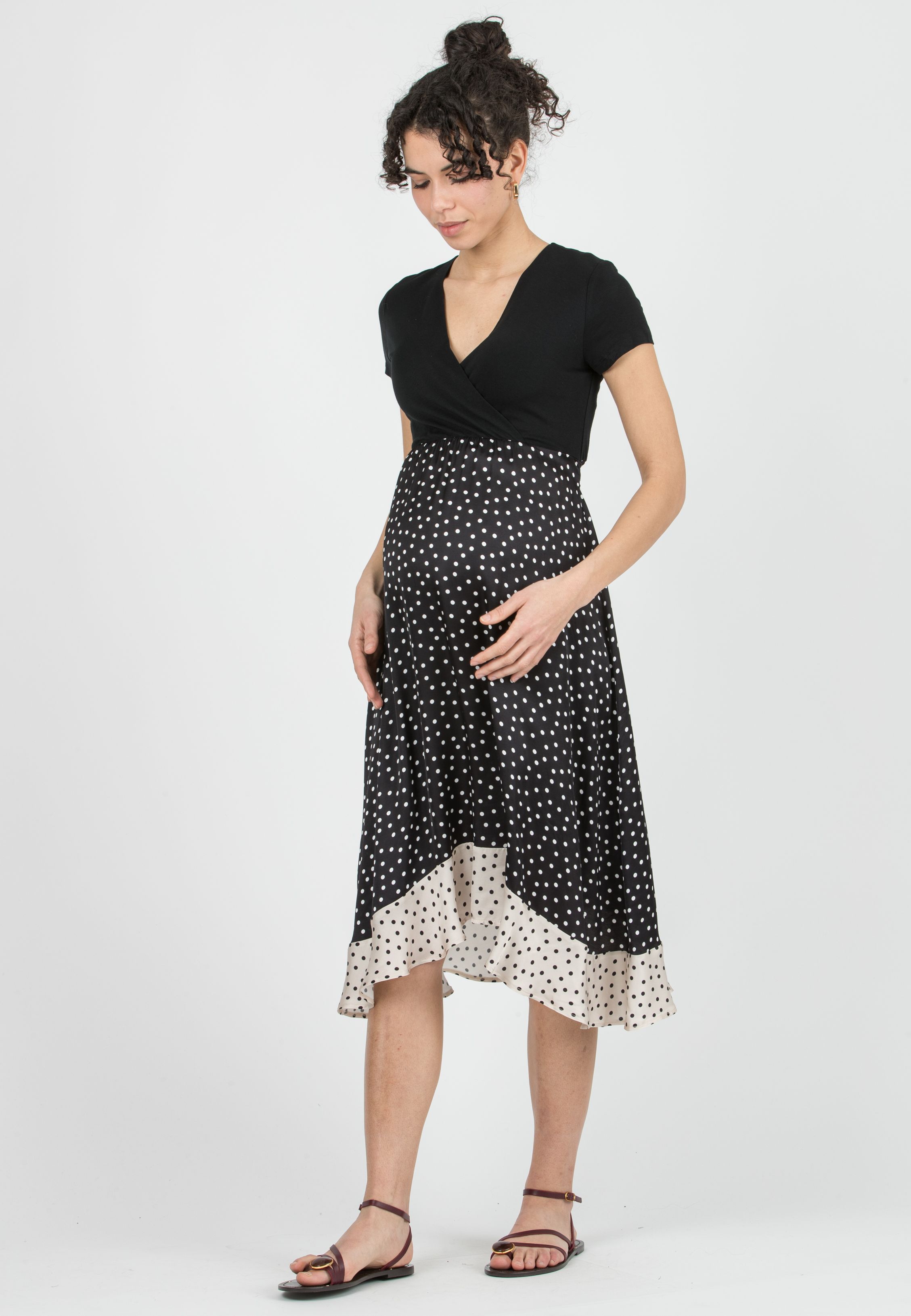 MARTA P - Maternity & Nursing Midi Dress with Polka Dot Skirt and Contrast Hem (Nero)