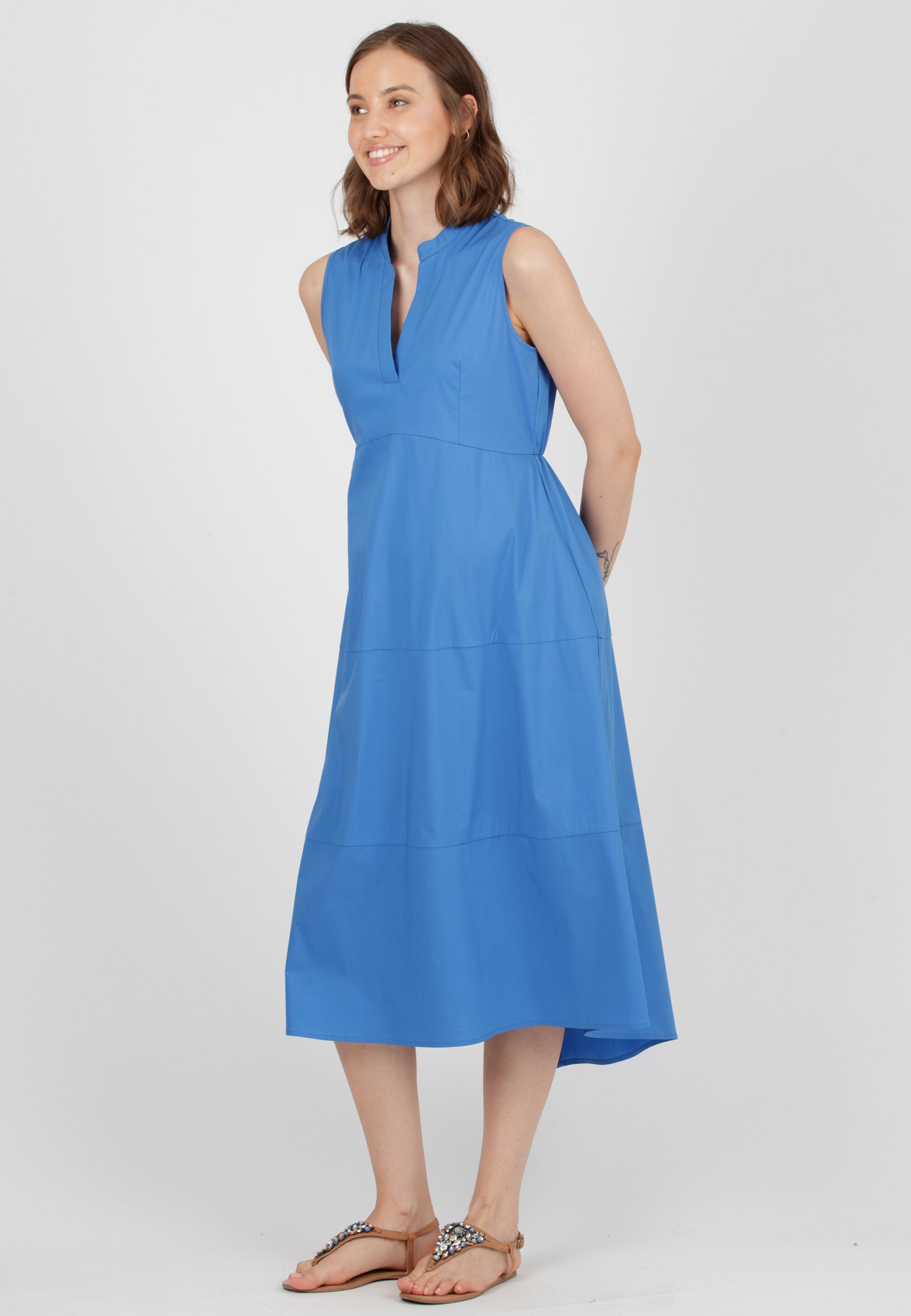 FLORENCE - Maternity Midi Dress in Stretch Cotton with Flared Skirt (China Blue, XS)