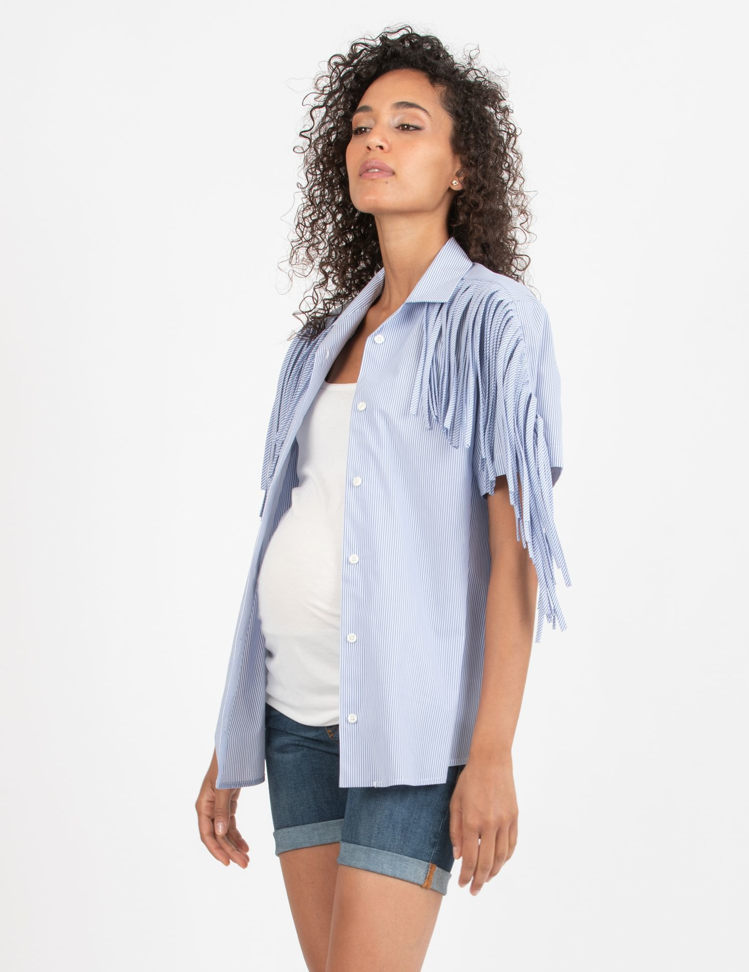 FRANCY - Maternity & Nursing Shirt with Fringes (Blue, XS)