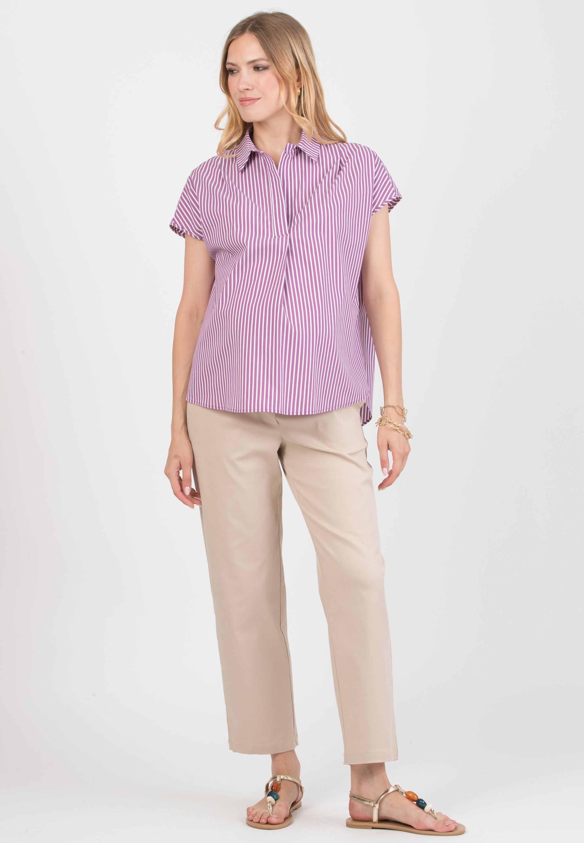 OLIVIA M/M – Oversized Maternity Shirt in Striped Cotton Poplin (Viola)