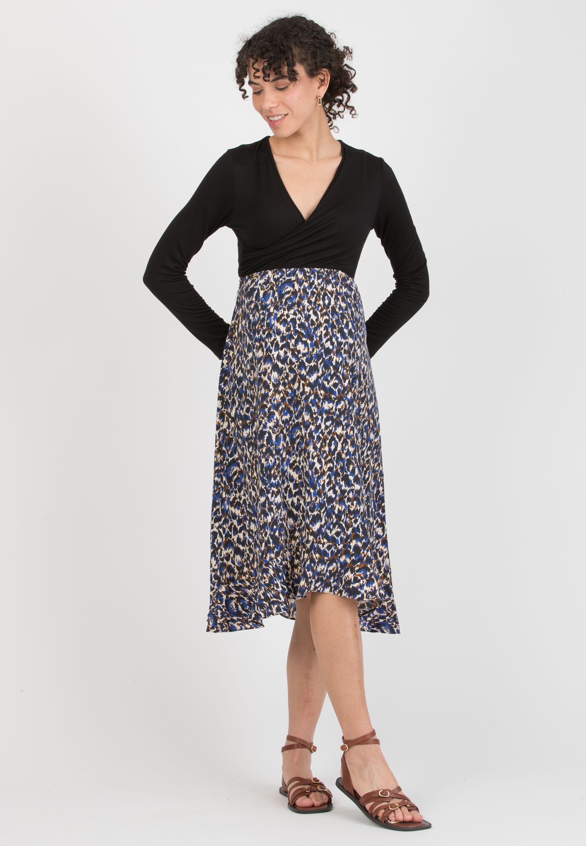 MARTA M/L - Abito Midi Premaman & Allattamento con Gonna Stampata (Blu, XS)