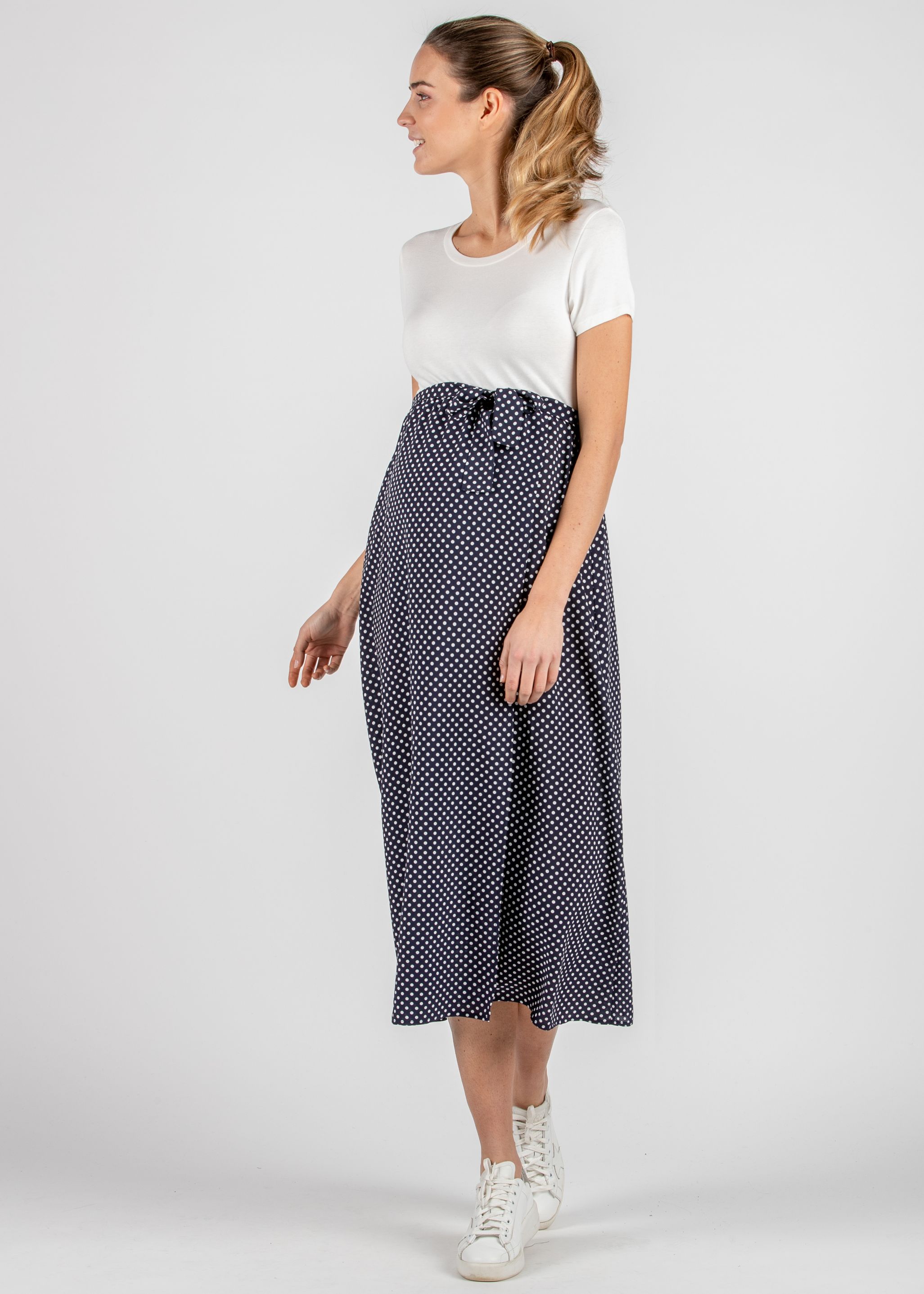 Abito Midi Premaman con Gonna a Pois a Portafoglio (Blu, XS)
