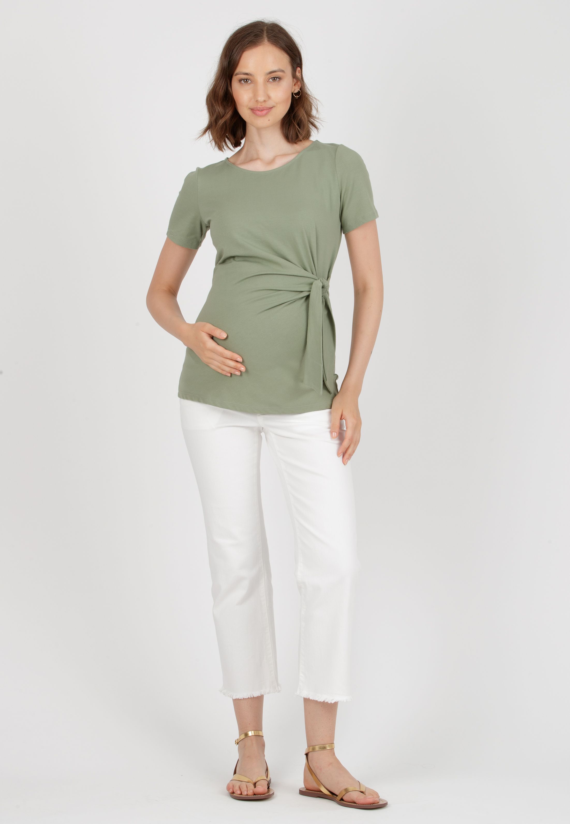 KAREN M - T-Shirt Premaman in Jersey di Cotone con Nodo Laterale (Verde Militare, XS)