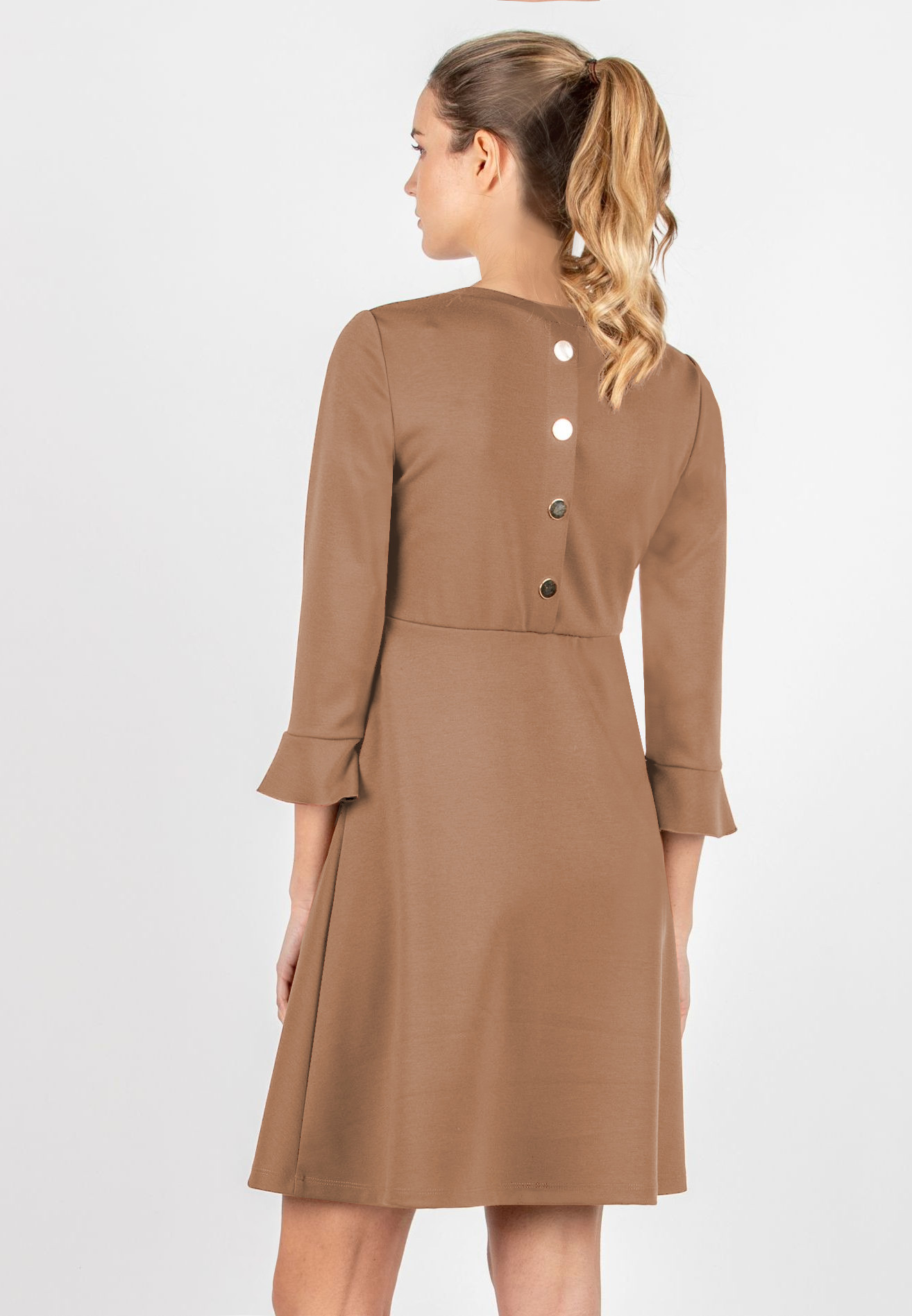 DAFNE - Flared Maternity & Nursing Dress with Back Button Detail (Beige)