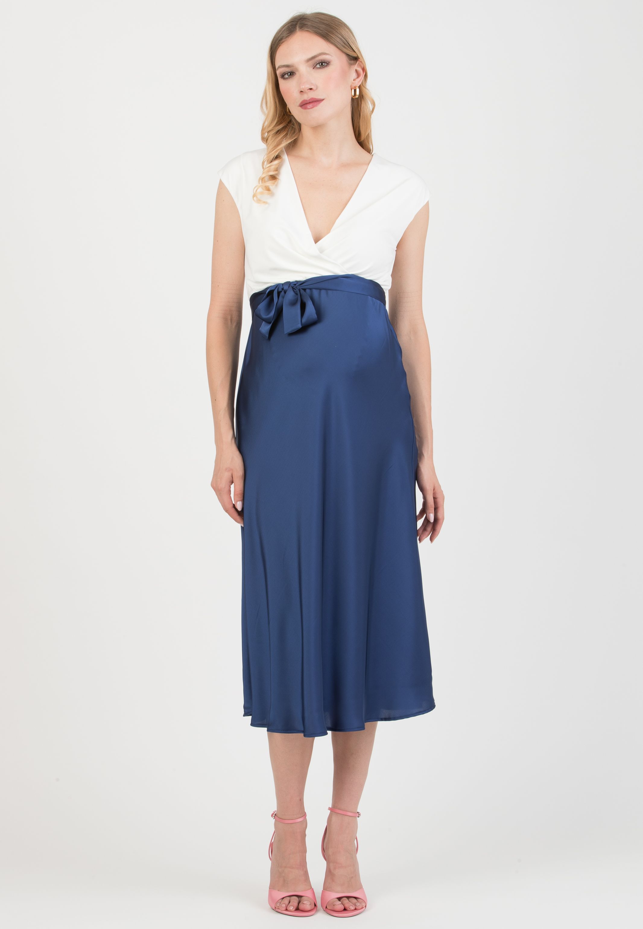 DILETTA – Maternity & Nursing Dress with Crossover Bodice and Satin Skirt (Denim)