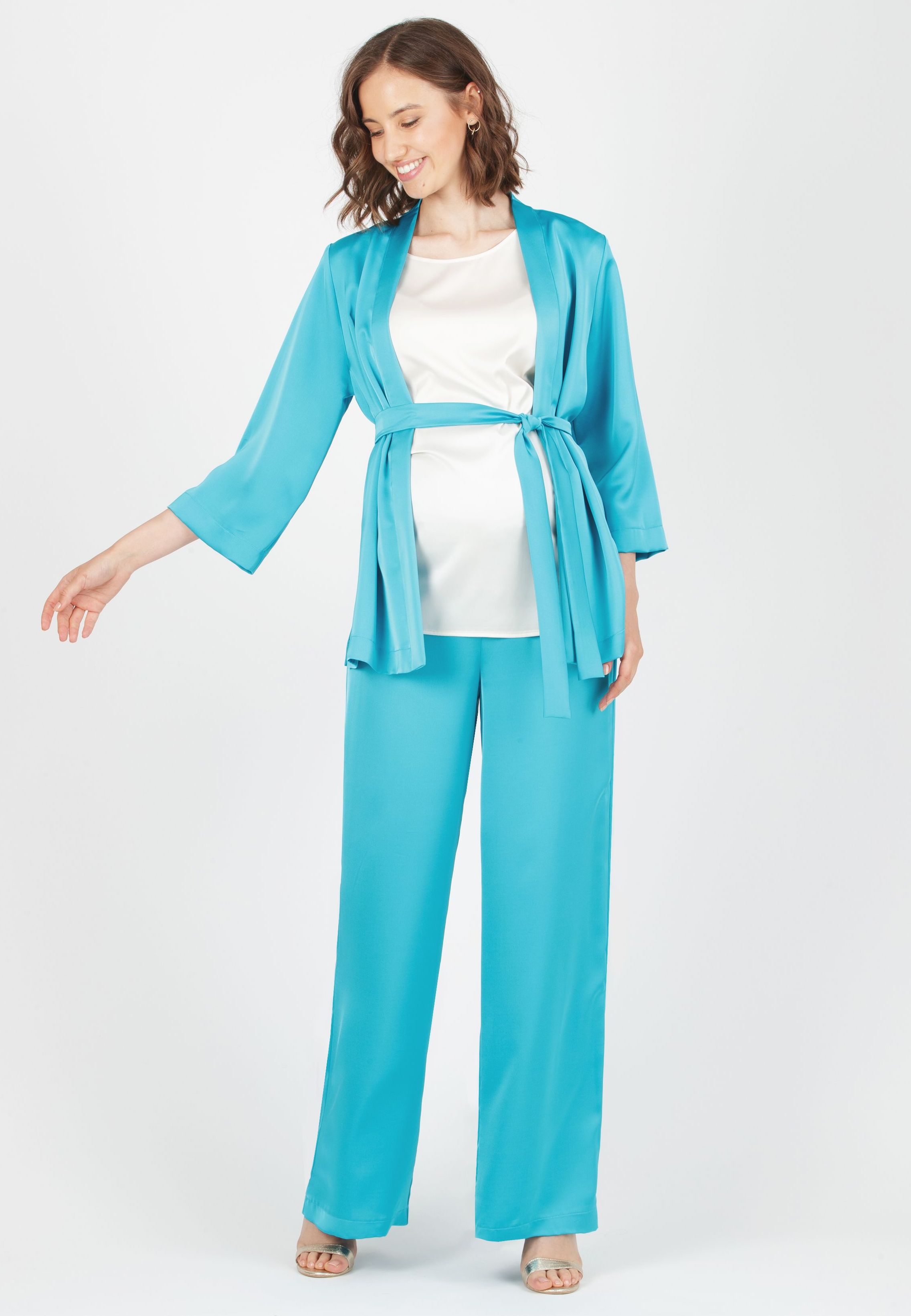AURA - Palazzo Maternity Trousers in Satin (Turquoise, XS)