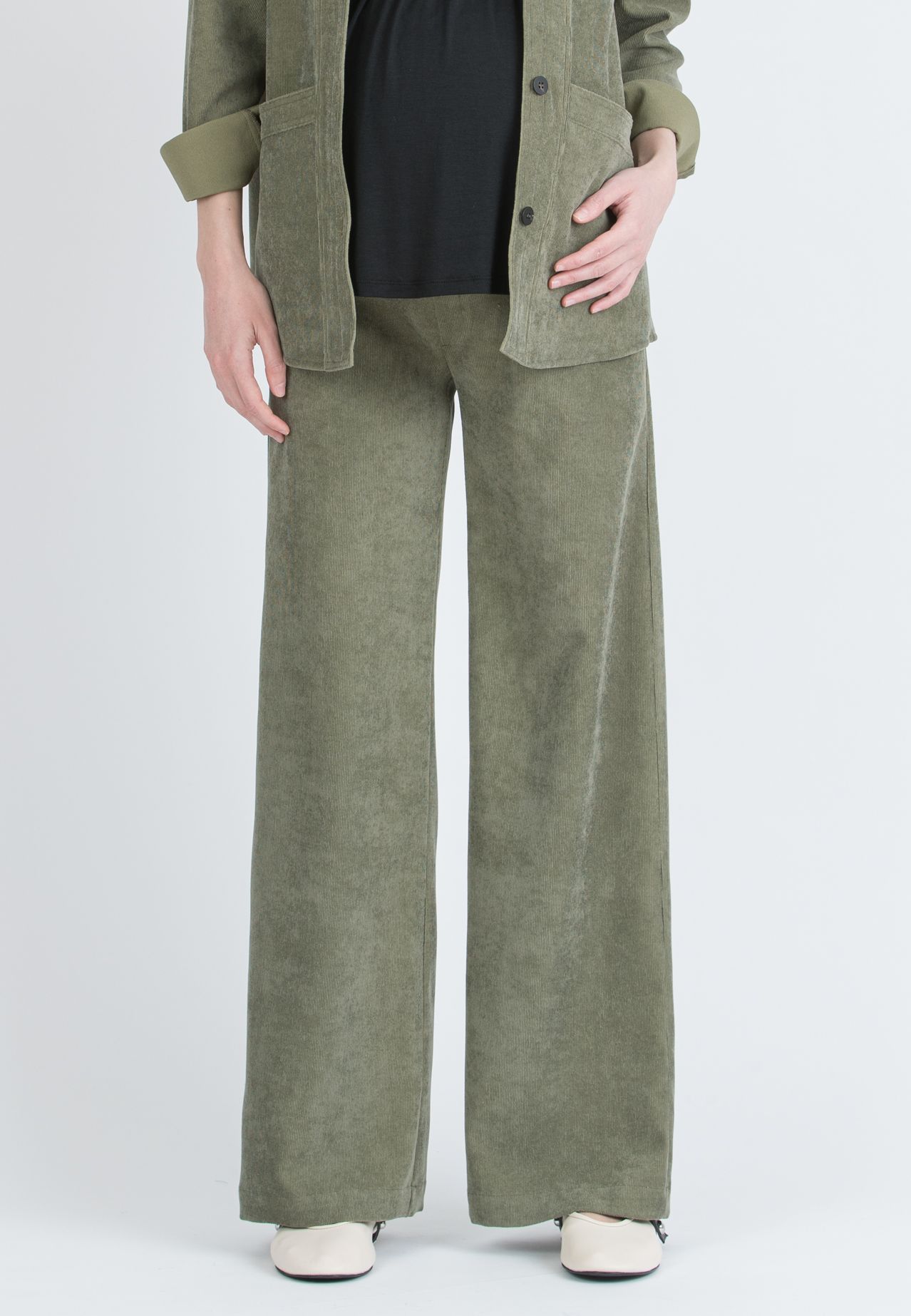 WINONA V - Palazzo Maternity Trousers in Soft Corduroy (Verde Militare)