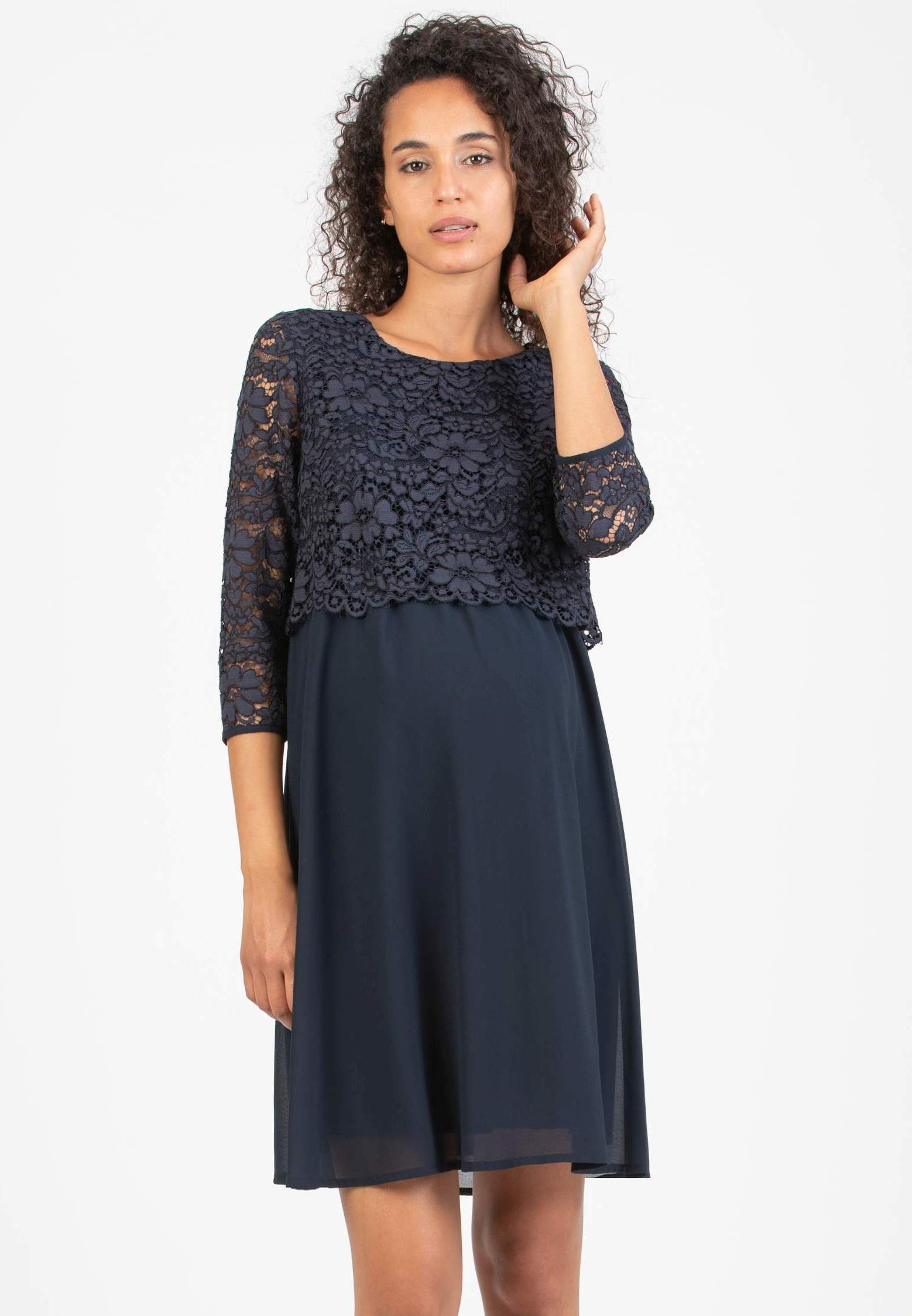 ELEONORA - Lace and Chiffon Maternity & Nursing Dress (Blu Scuro)