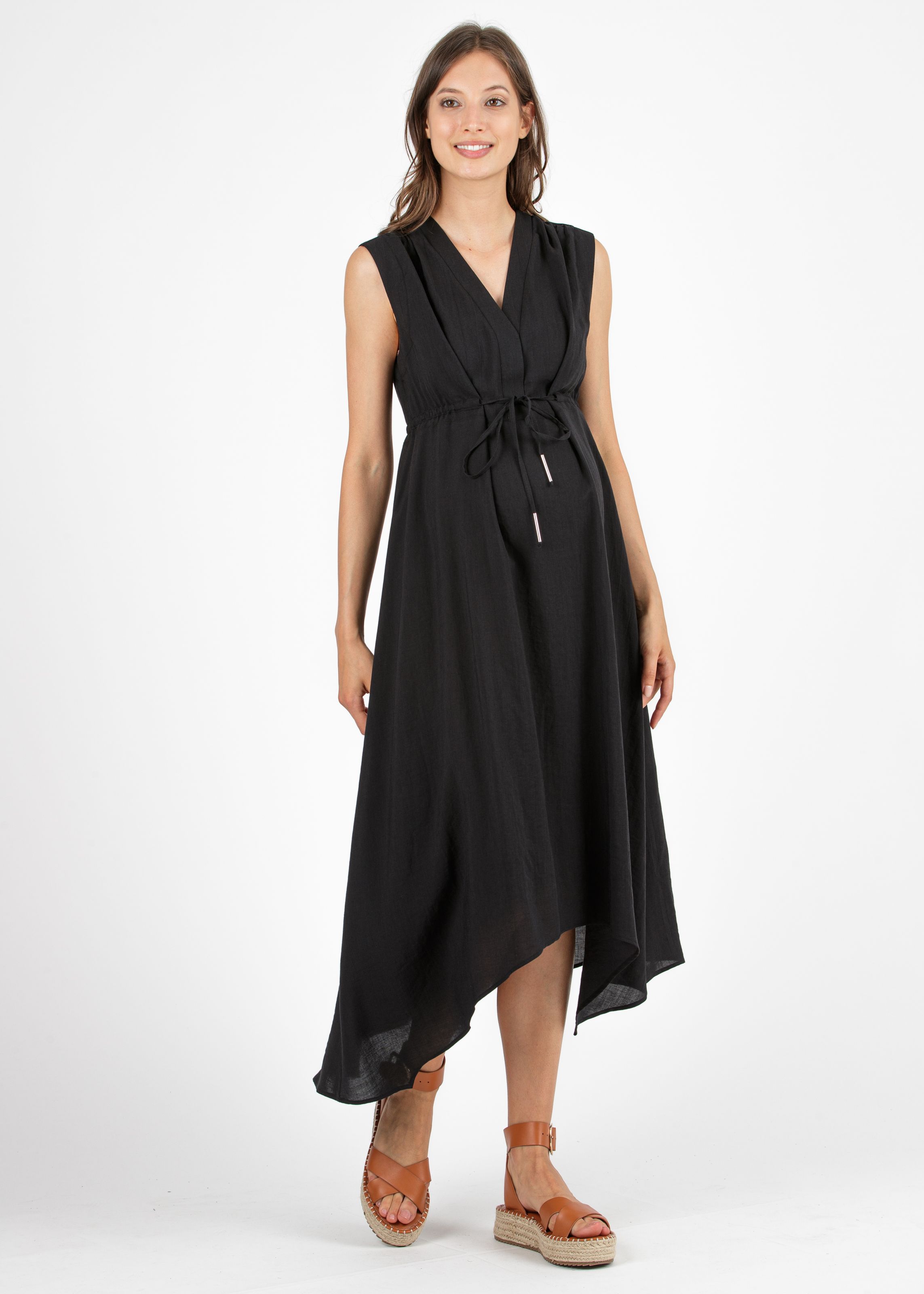 IRENE - Midi Maternity & Nursing Dress in Tencel with Drawstring (Black, XXS)