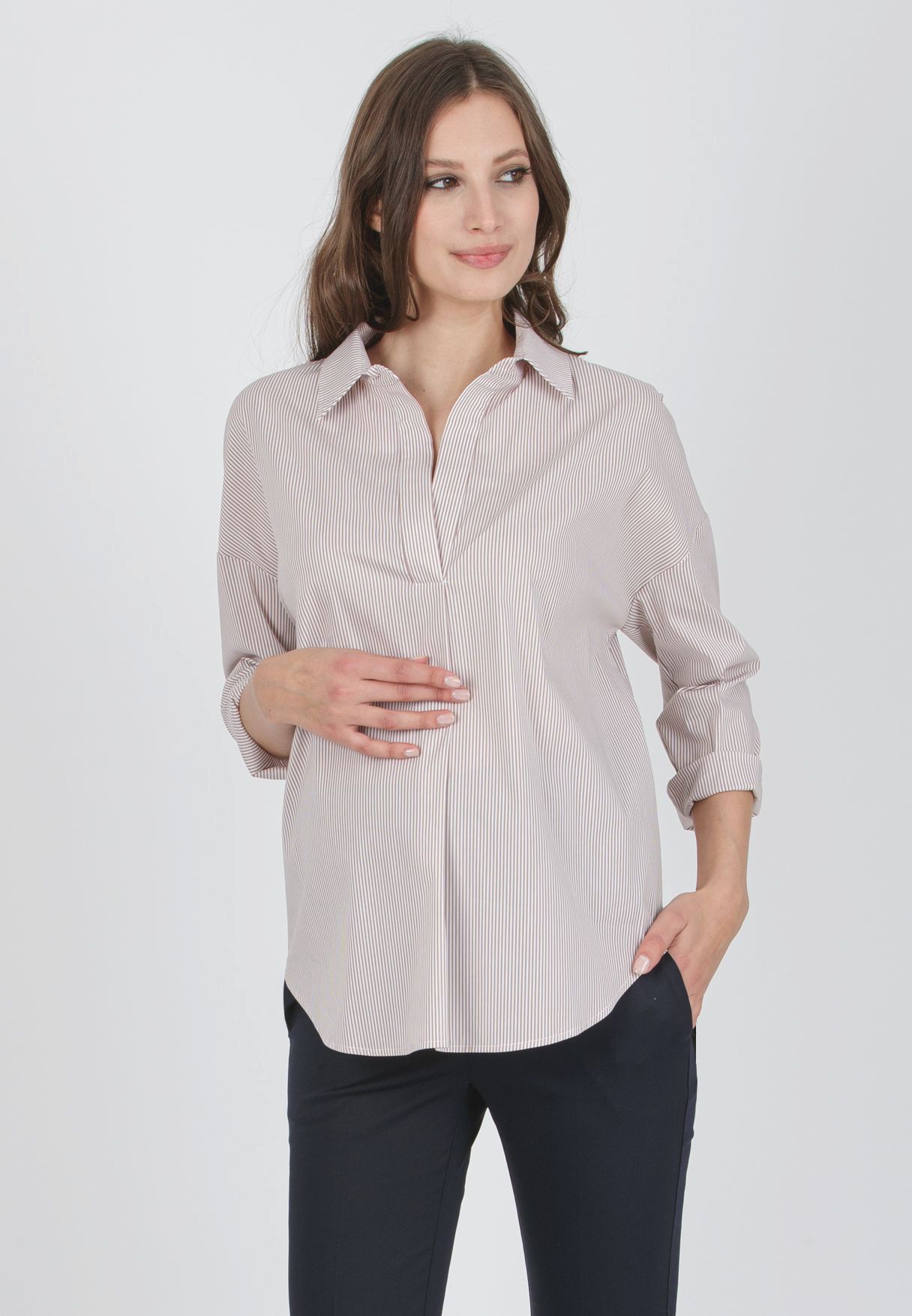 OLIVIA R - Striped Oversized Maternity Shirt in Stretch Cotton Poplin (Beige, XS)
