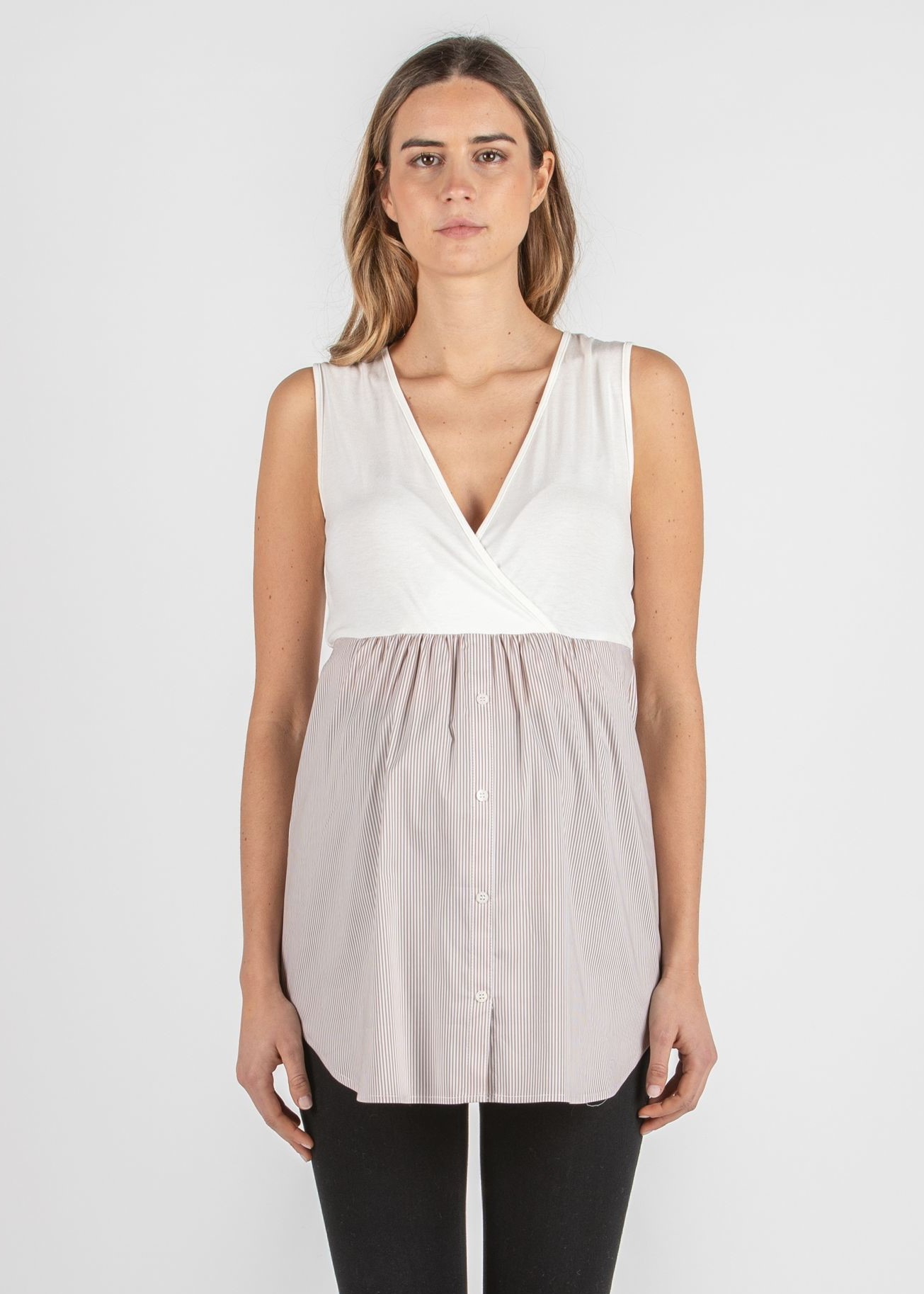 Striped Crossover Maternity & Nursing Top with Flounce in Poplin (Beige)