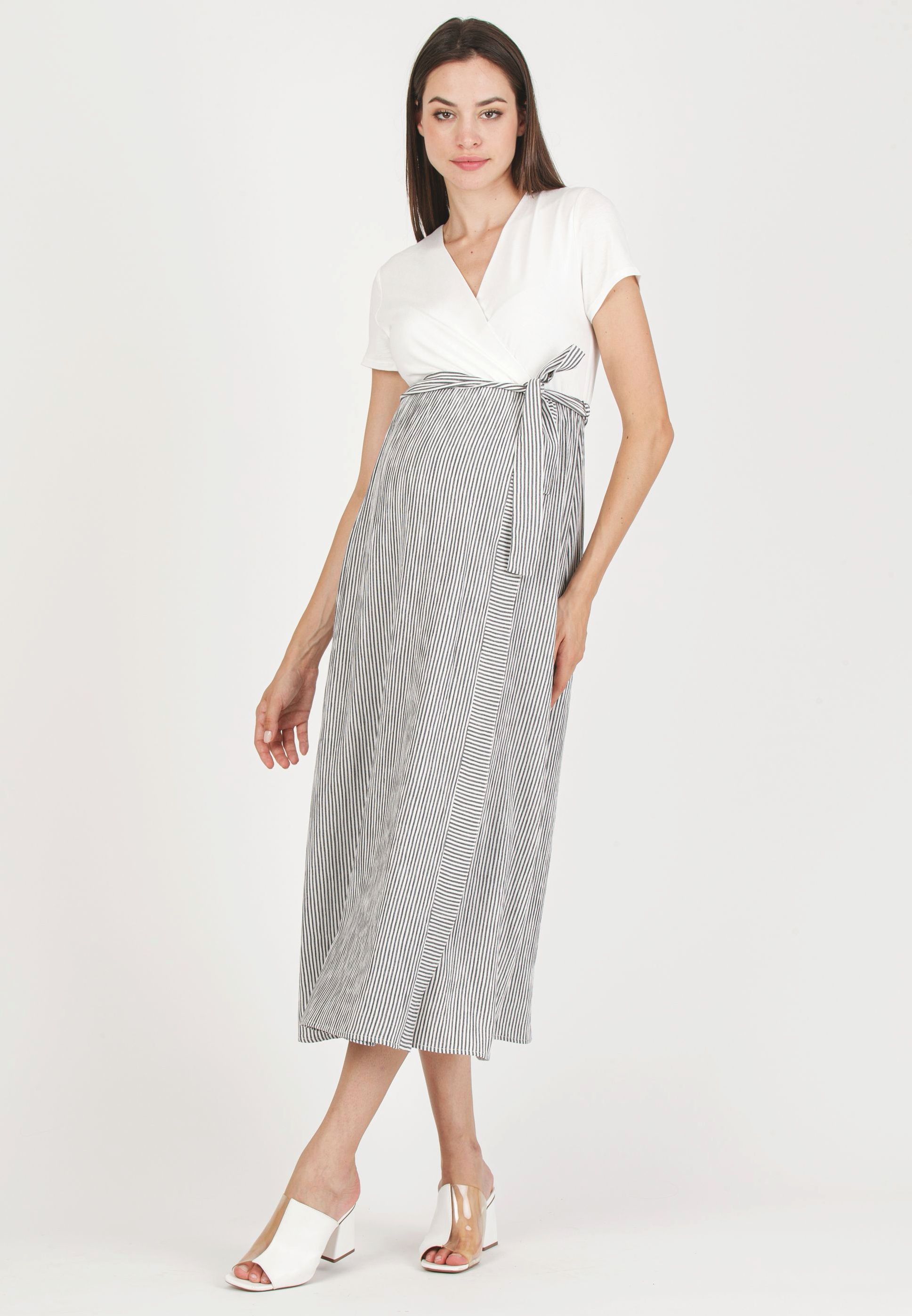 FEDERICA R - Maternity & Nursing Dress with Crossed Bodice and Striped Skirt (Black, XS)