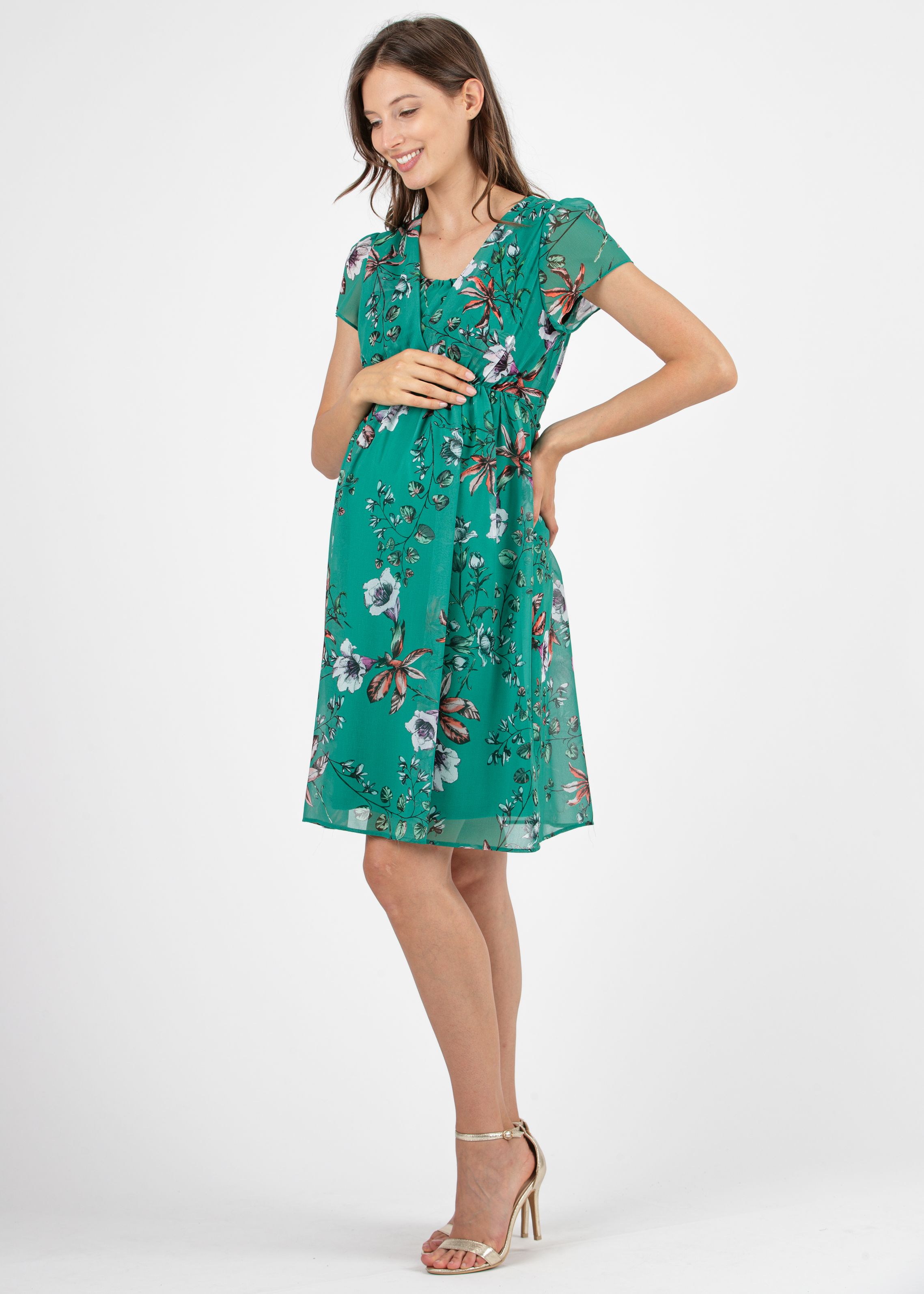 Abito Premaman & Allattamento in Georgette Floreale con Scollo Incrociato (Verde, XS)