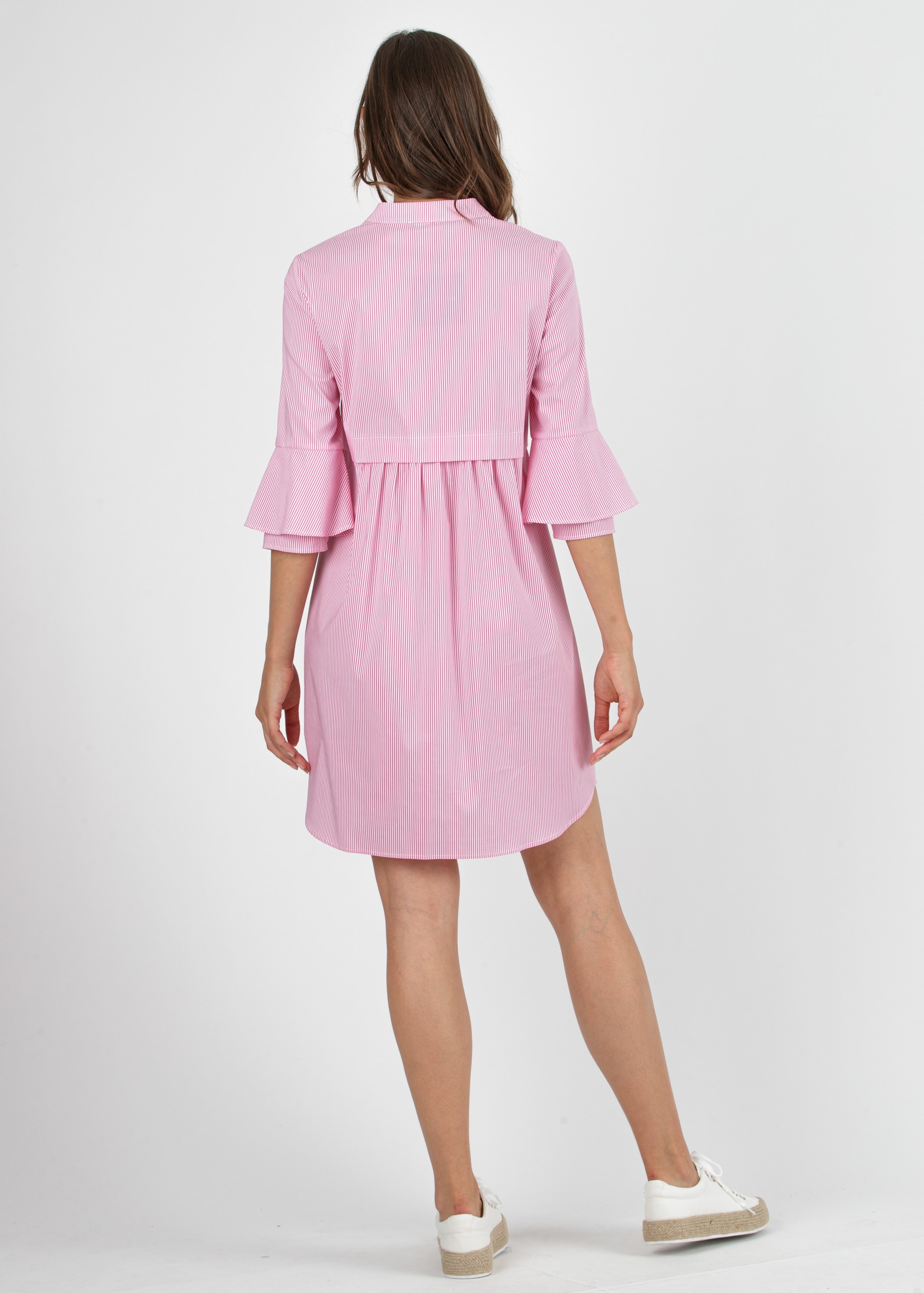 HEIDI R - Striped Maternity & Nursing Dress in Poplin with ¾ Bell Sleeve (Fuchsia, XS)