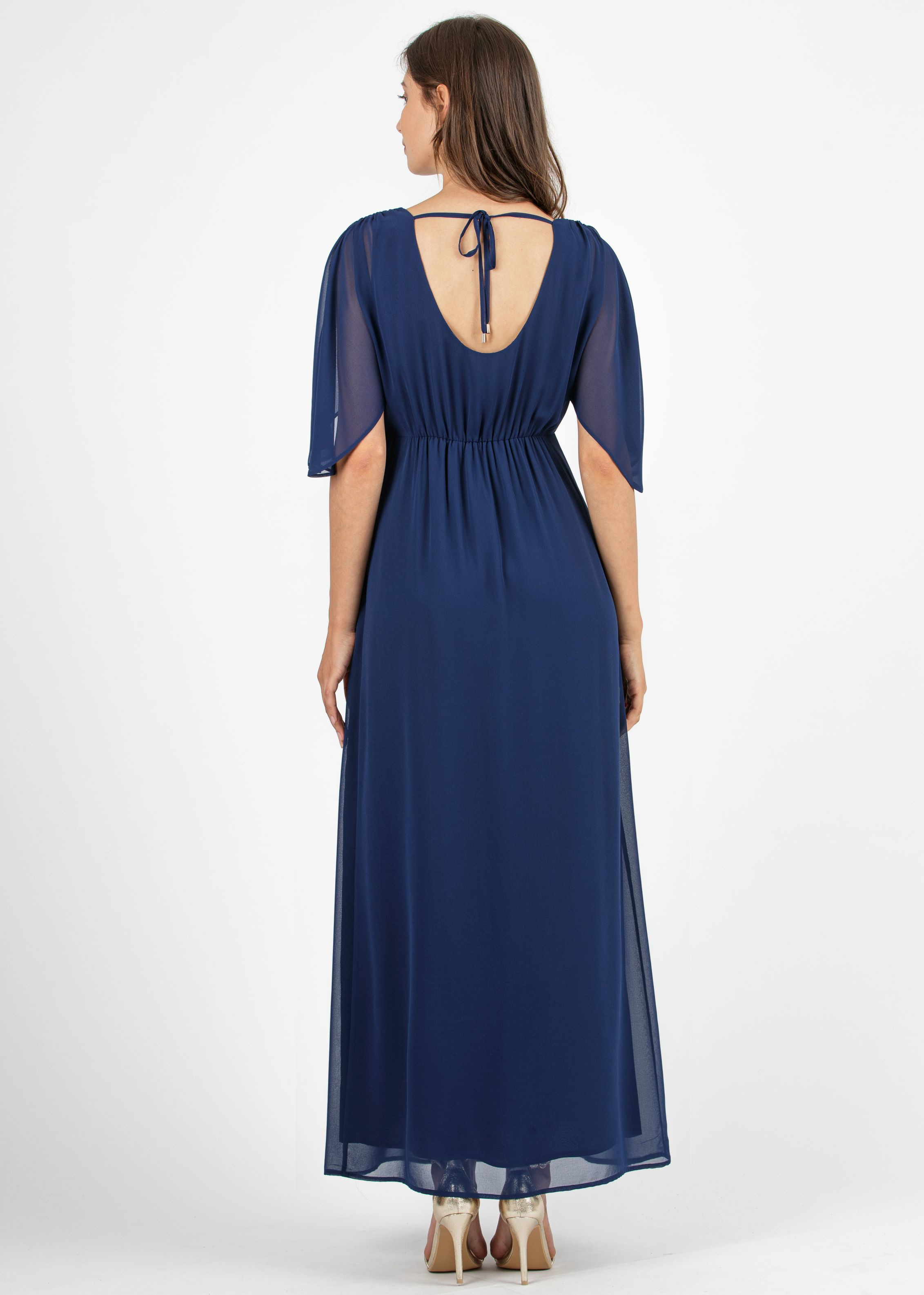 VALENTINA - Long Kimono Maternity Dress with Back Neckline (Blue, XS)