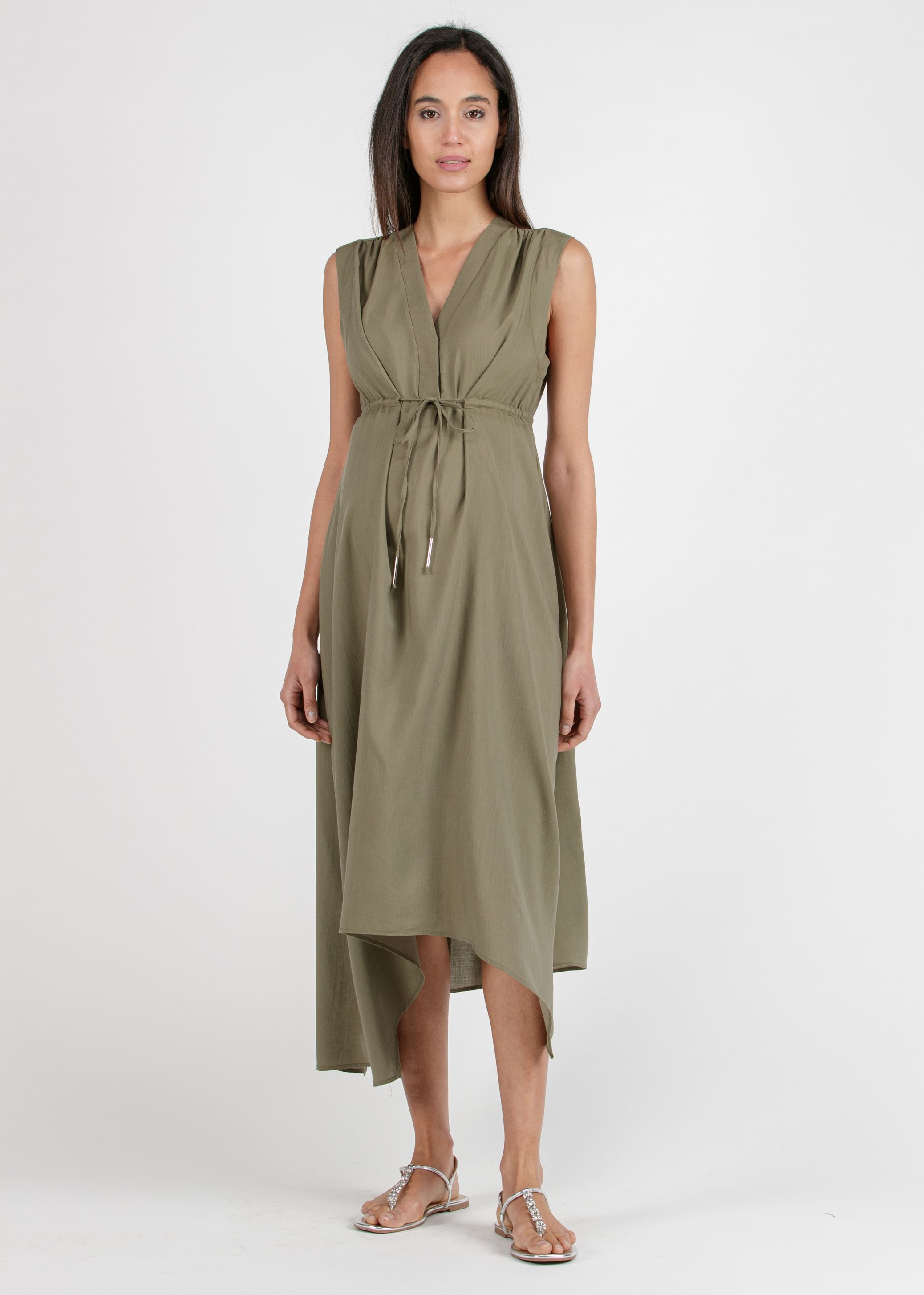 IRENE - Midi Maternity & Nursing Dress in Tencel with Drawstring (Army Green, XXS)