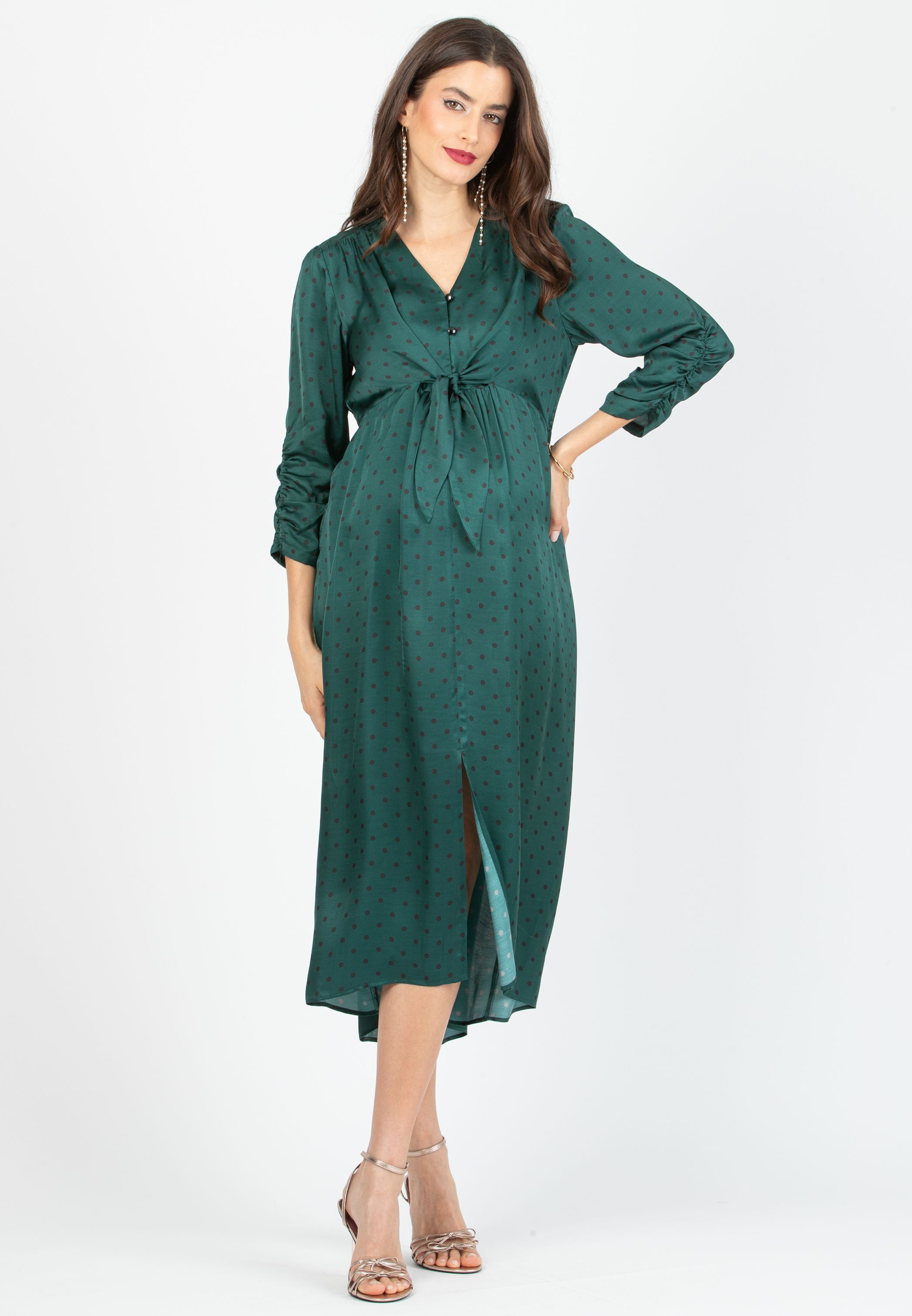 BELEN M/L - Abito Premaman & Allattamento in Viscosa a Pois con Corpino Annodato e Maniche 3/4 (Verde, XS)