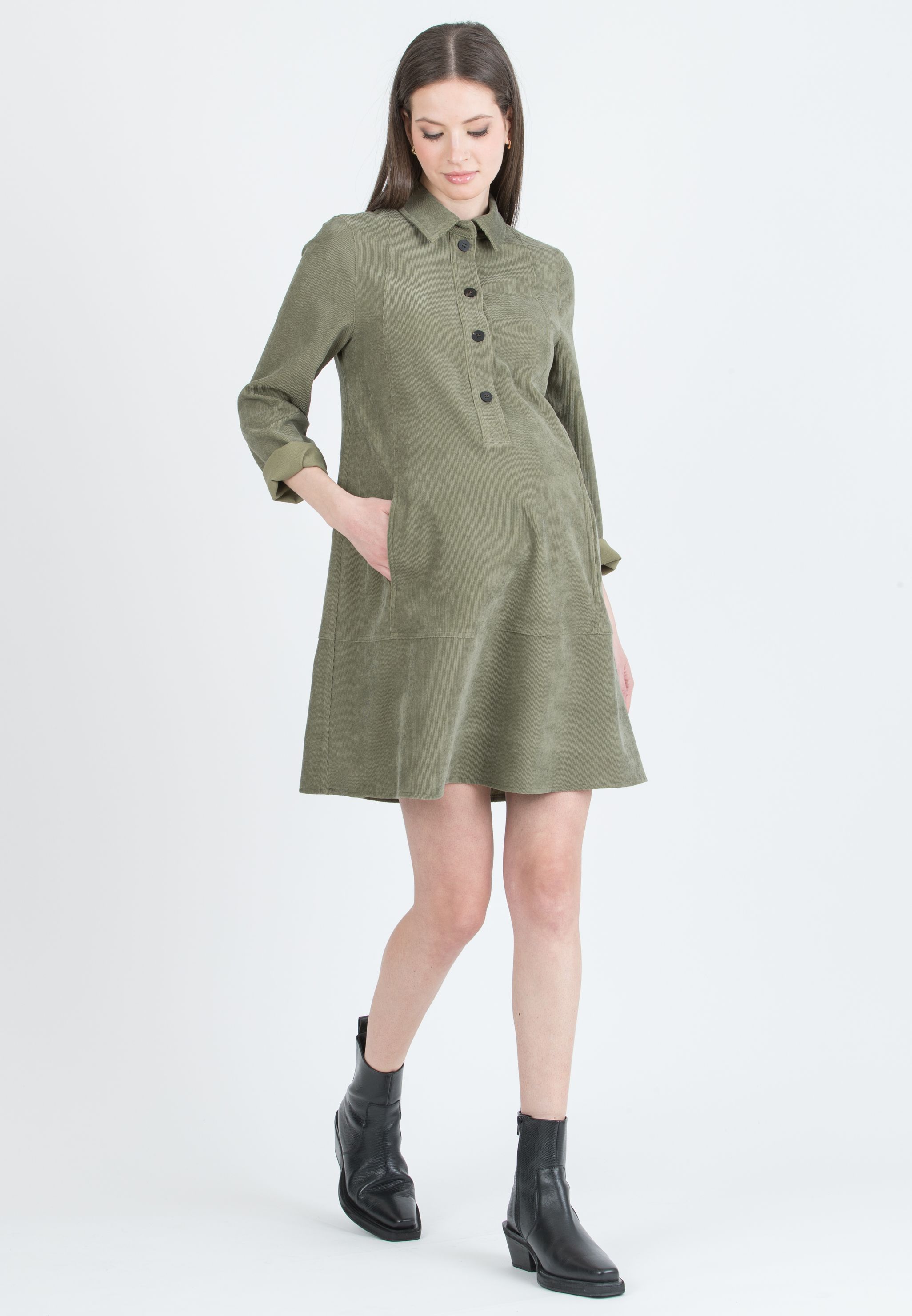 GRETA – Abito Camicia Premaman & Allattamento in Velluto (Verde Militare, XS)