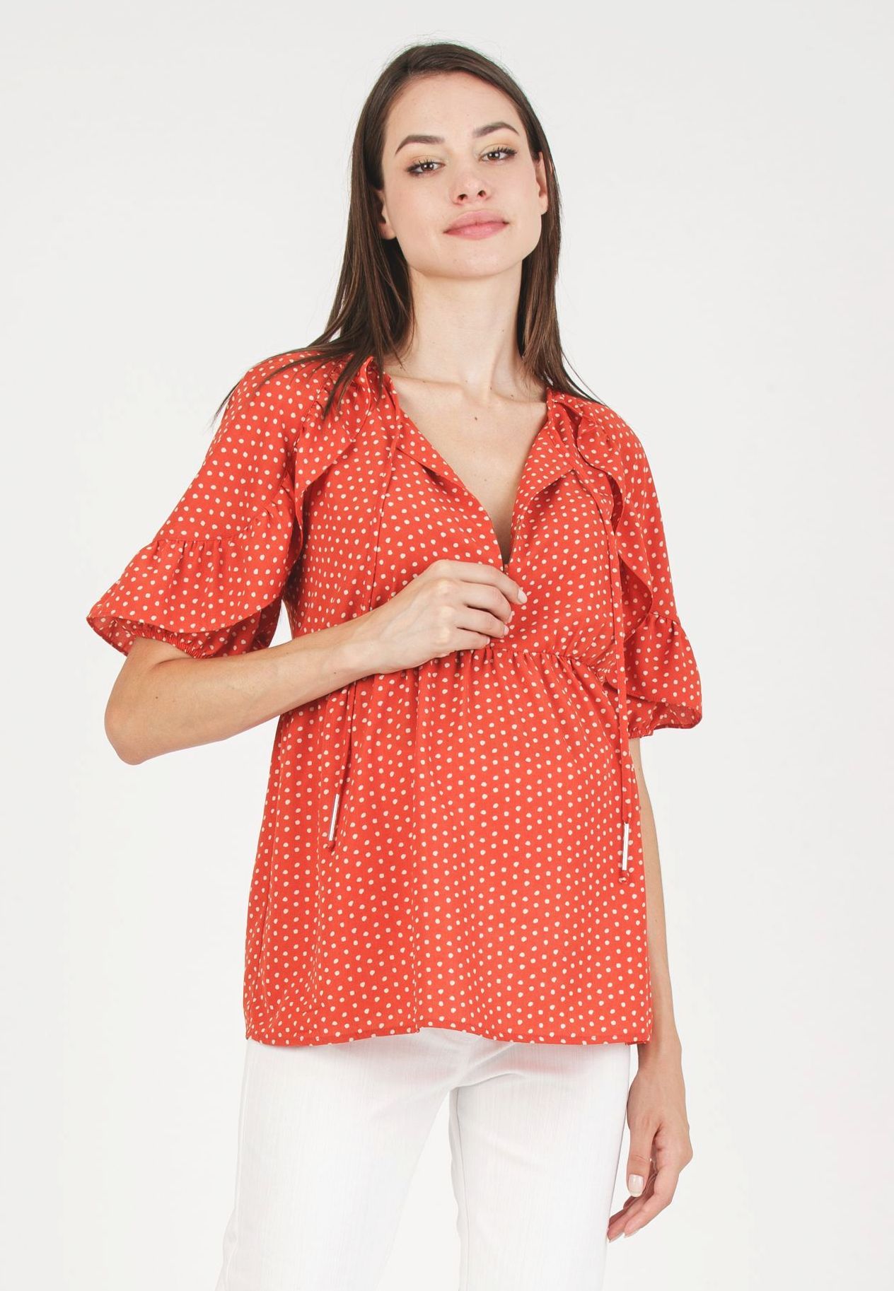 TINA M - Casacca premaman & Allattamento a Pois con Volant (Rosso Mattone)