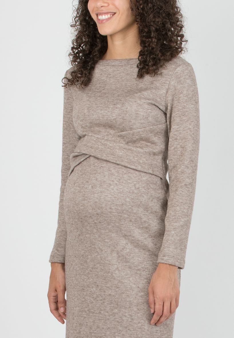 AMELIA - Maternity Midi Knit Dress with Waistband (Camel, XS)