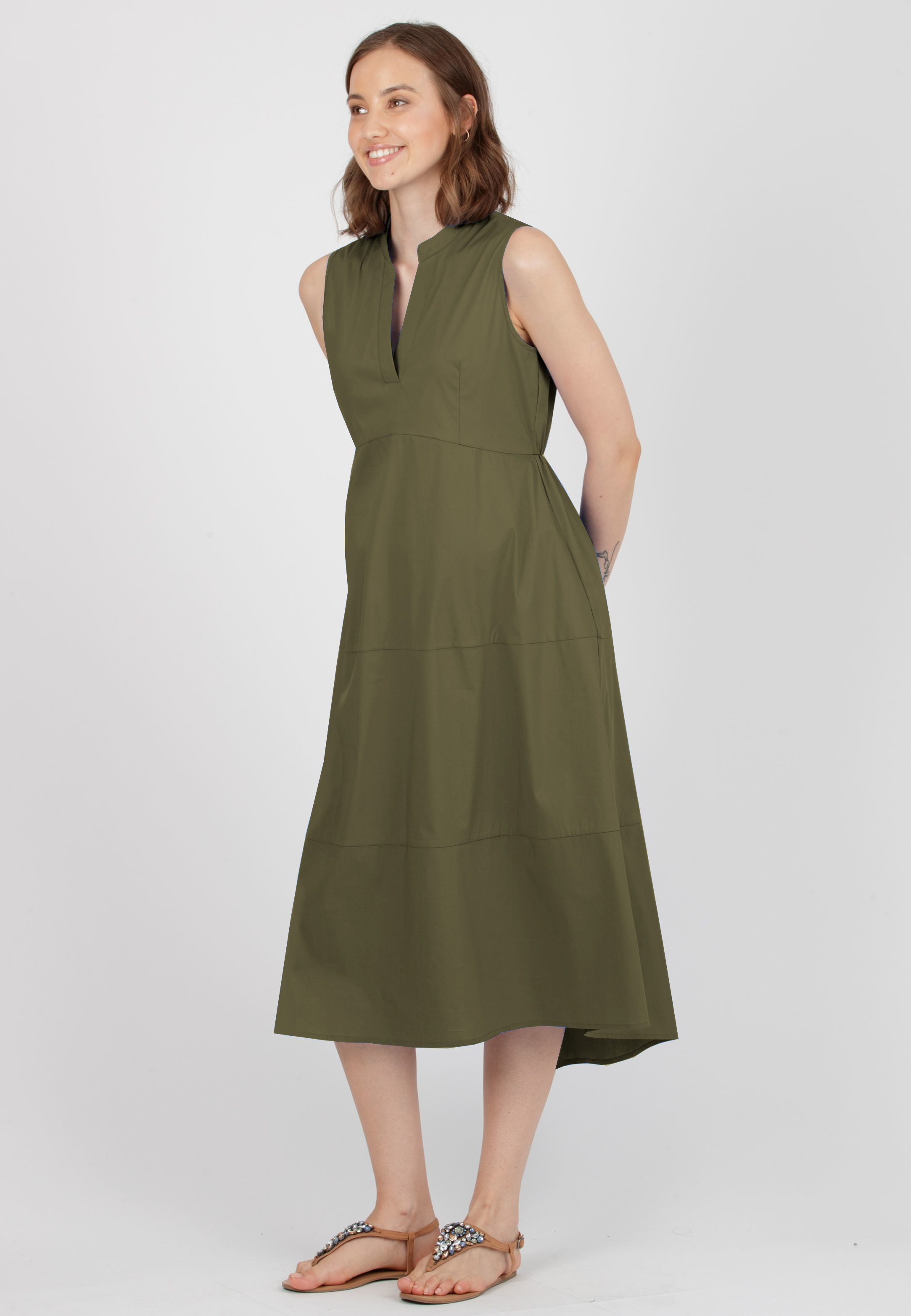 FLORENCE MIDI - Abito Premaman Midi in Cotone Stretch con Gonna Svasata (Verde Militare, XXS)
