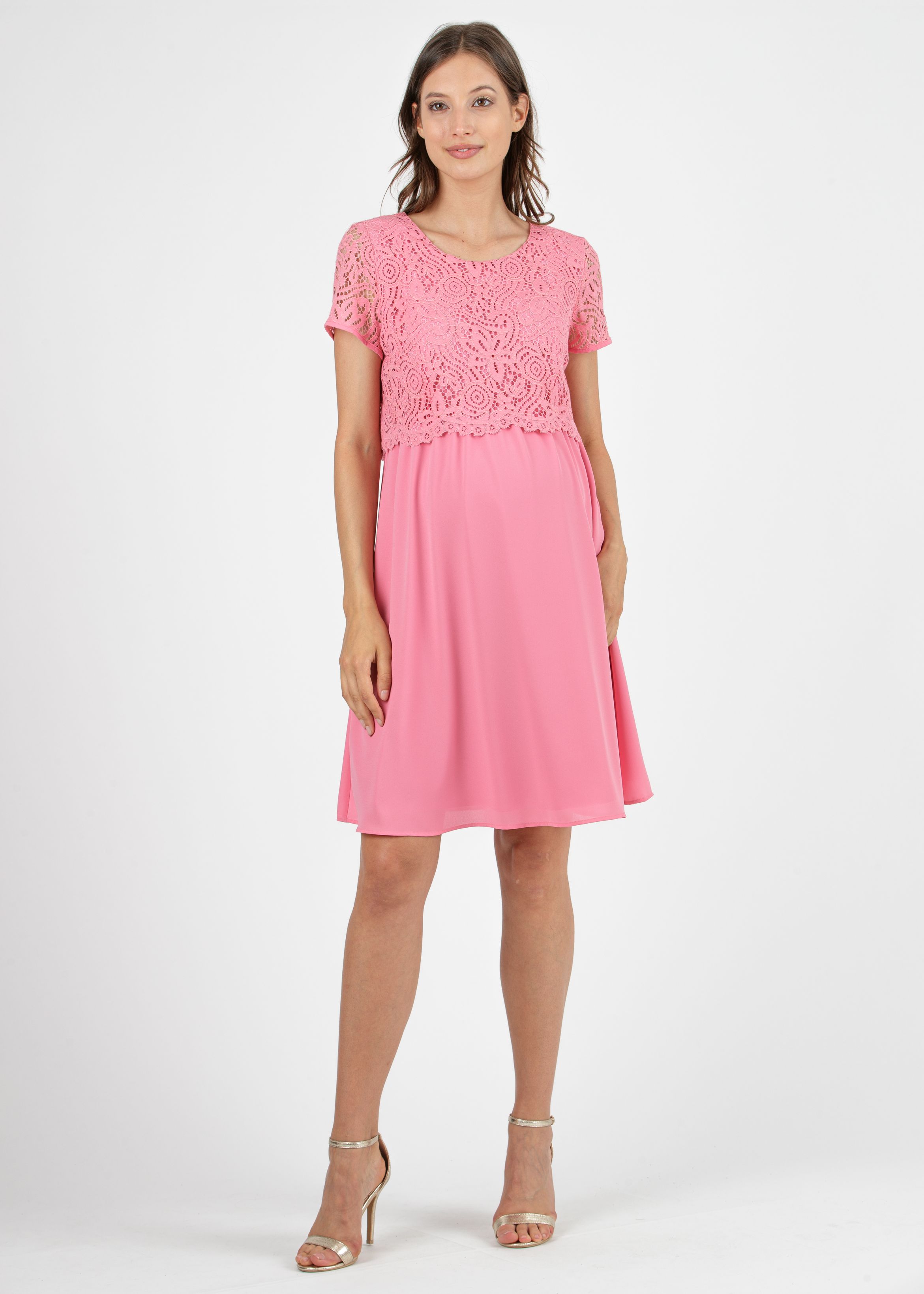 AURORA - Embroidered Maternity & Nursing Dress in Lace (Pink, XS)
