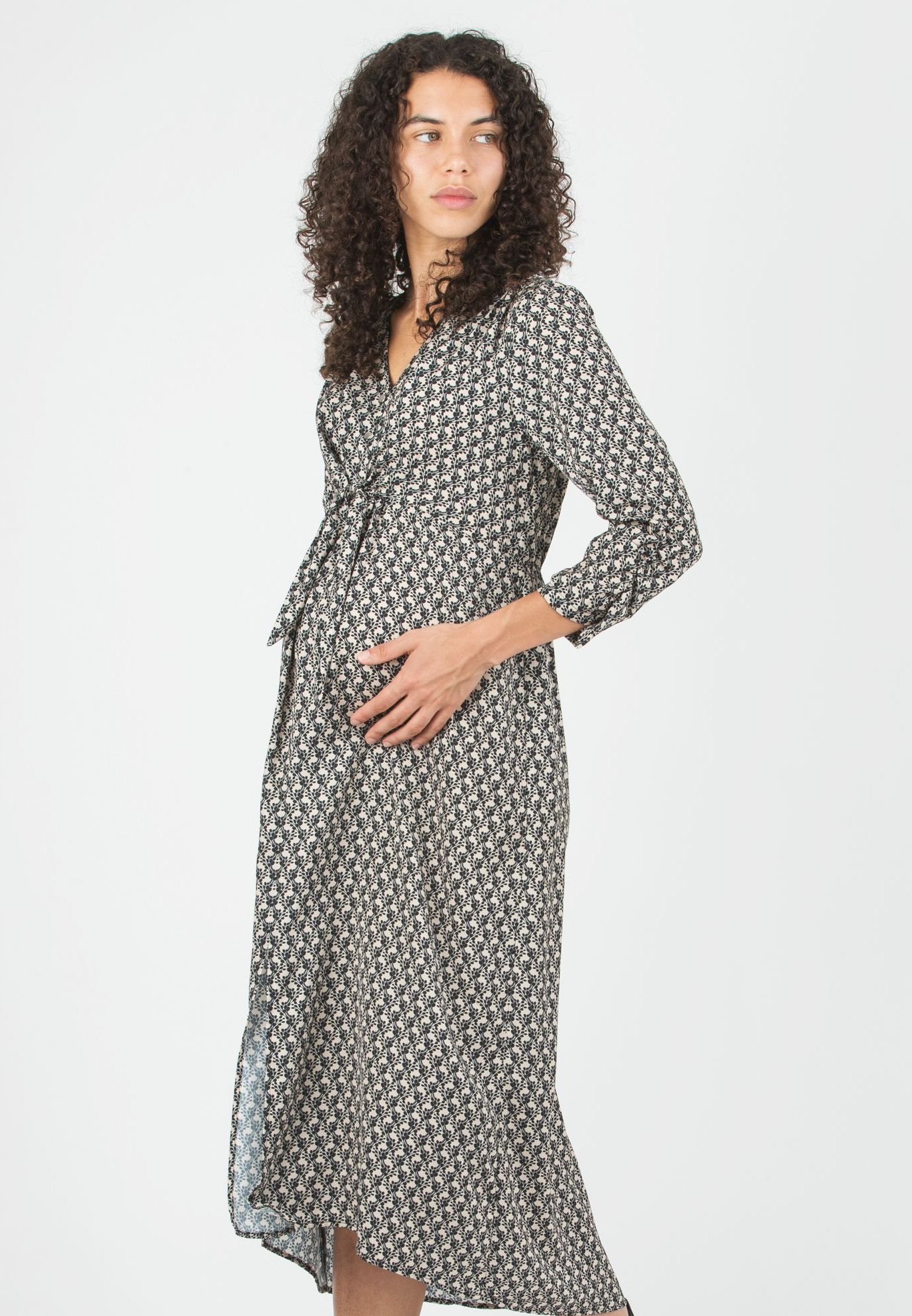 BELEN M/L - Abito Premaman & Allattamento in Raso Stampato con Corpino Annodato e Maniche 3/4 (Avorio, XS)