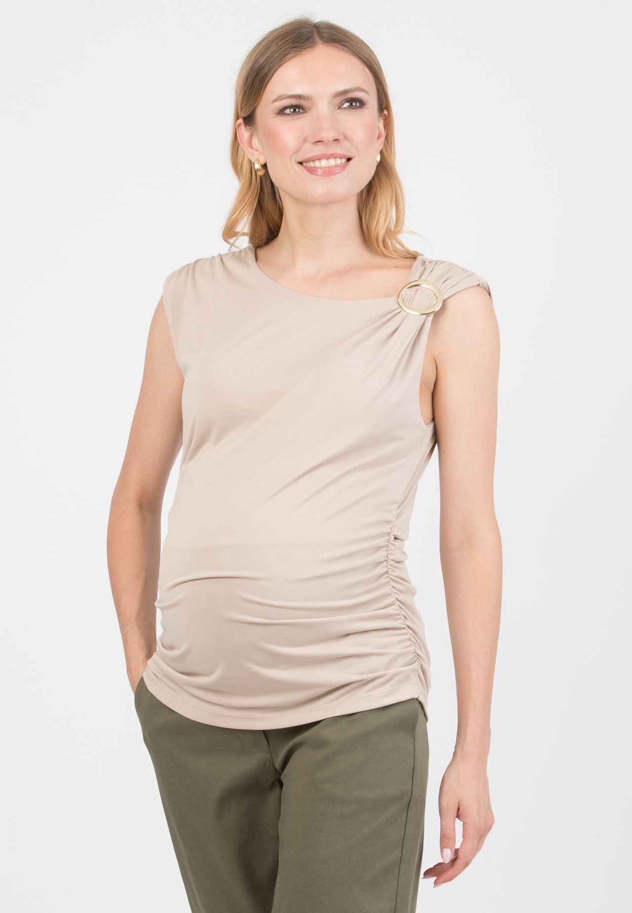JASMINE - Maternity Top in Modal with Ring Detail and Side Ruching (Beige)